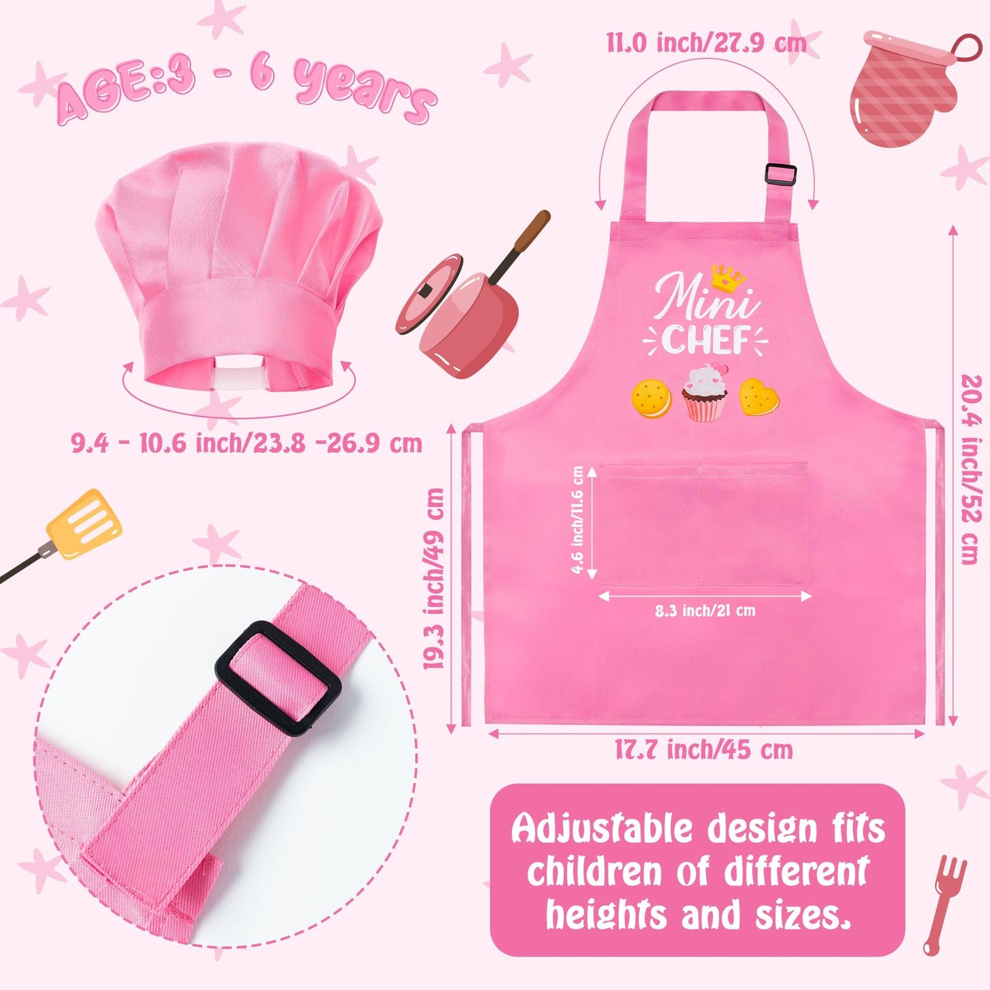 R HORSE Kid Apron and Chef Hat Set — Adjustable Light Pink Kitchen Playset for Kids