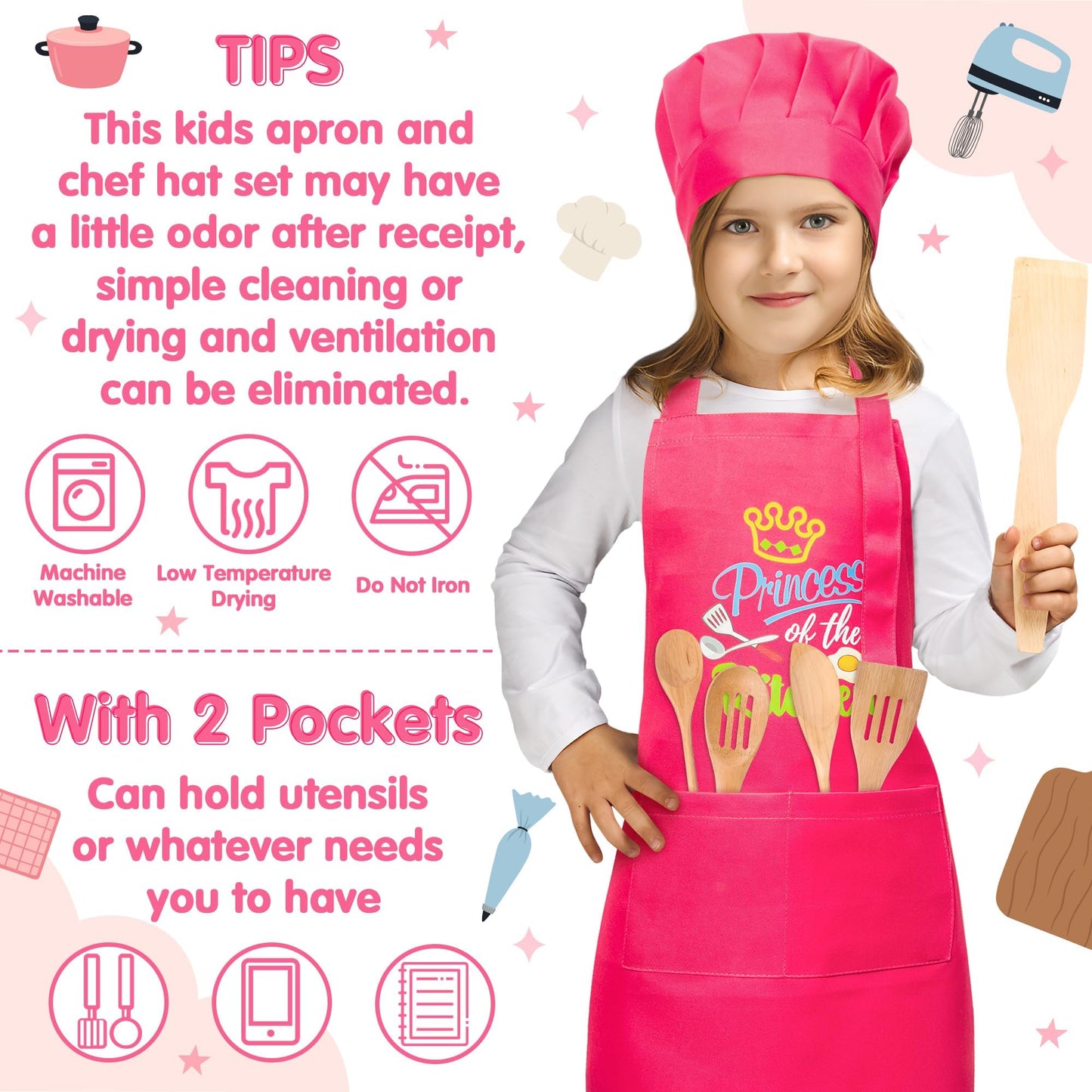 R HORSE 2 Pcs Kid Apron & Chef Hat Set – Rose Red, Adjustable & Waterproof