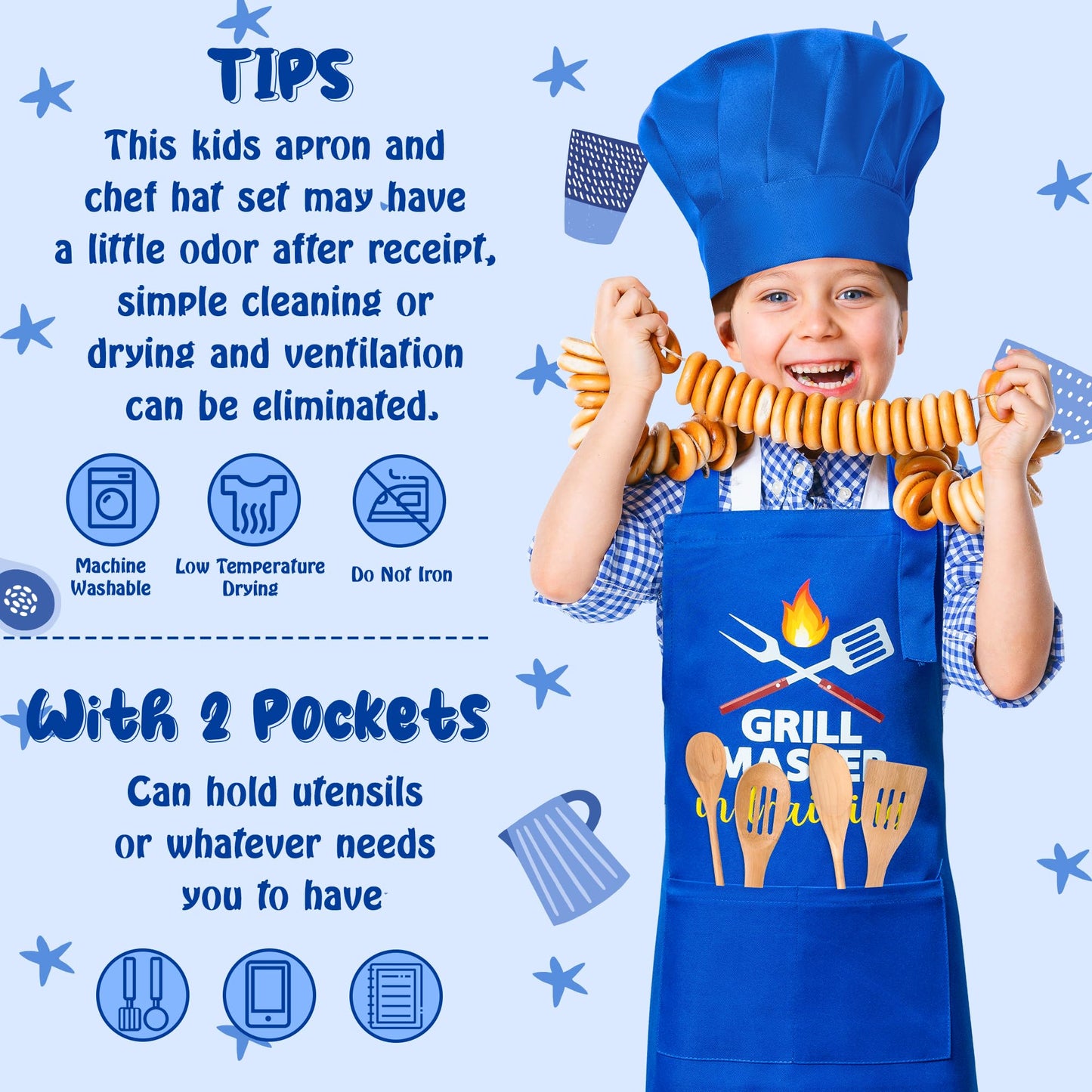 R HORSE Kid Apron and Chef Hat Set — Adjustable Dark Blue Kitchen Dress-Up for Kids