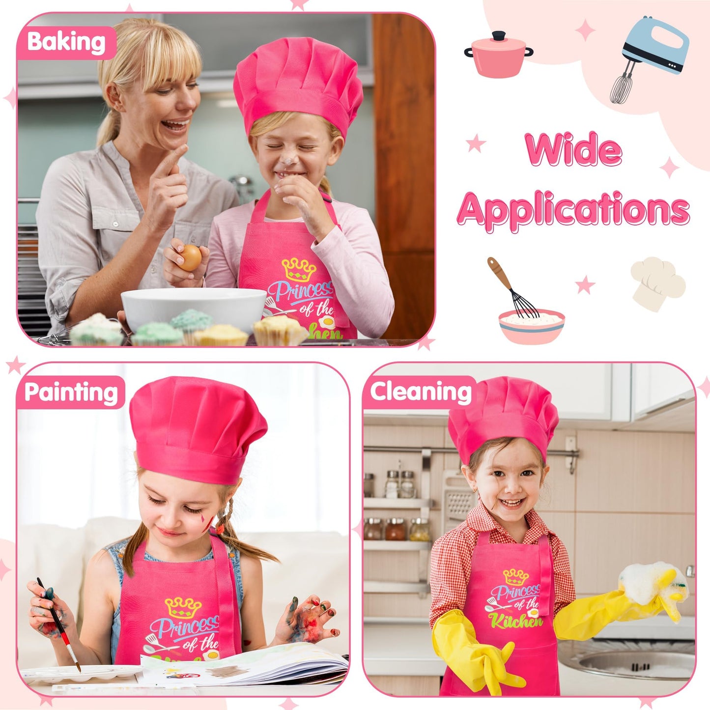 R HORSE 2 Pcs Kid Apron & Chef Hat Set – Rose Red, Adjustable & Waterproof