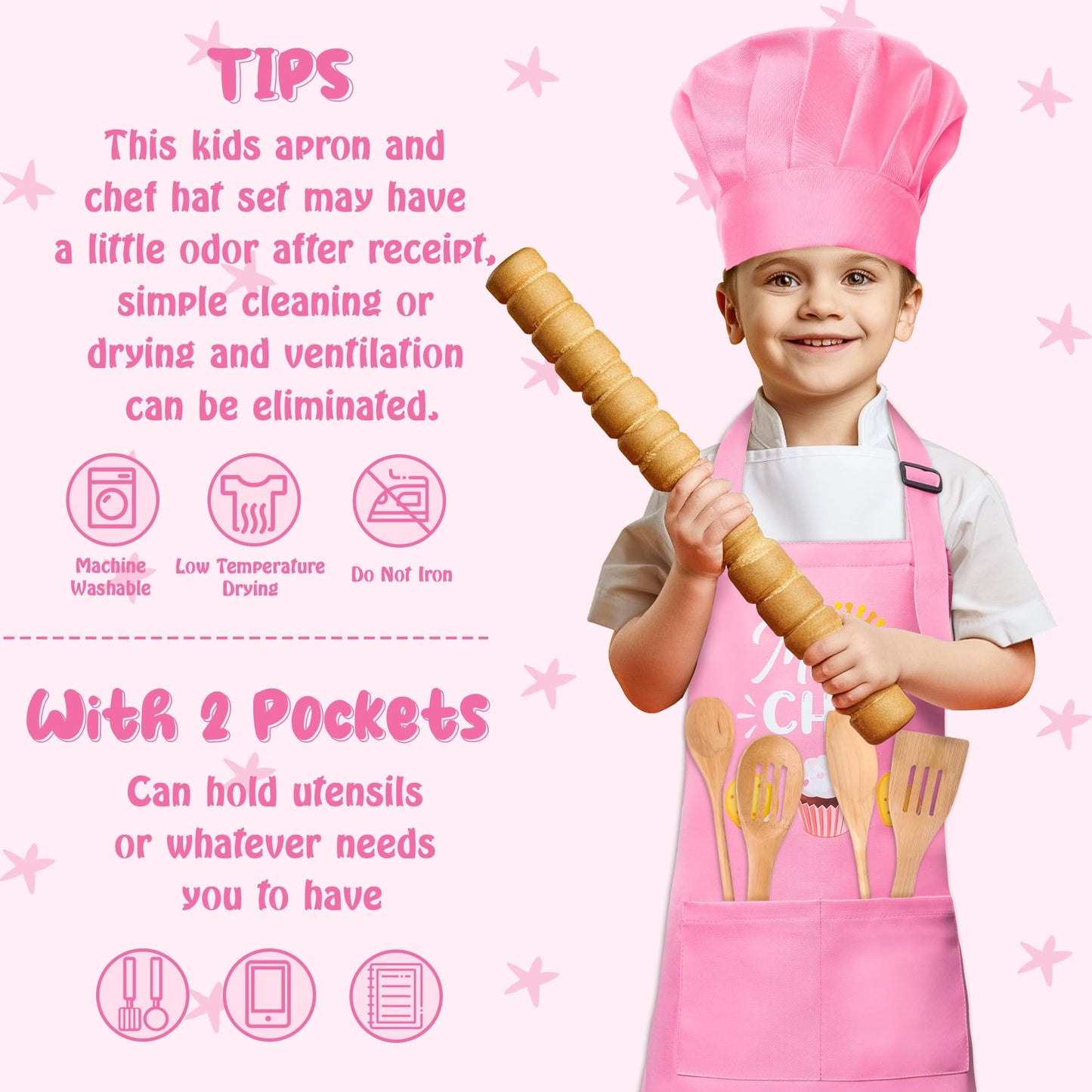R HORSE Kid Apron and Chef Hat Set — Adjustable Light Pink Kitchen Playset for Kids