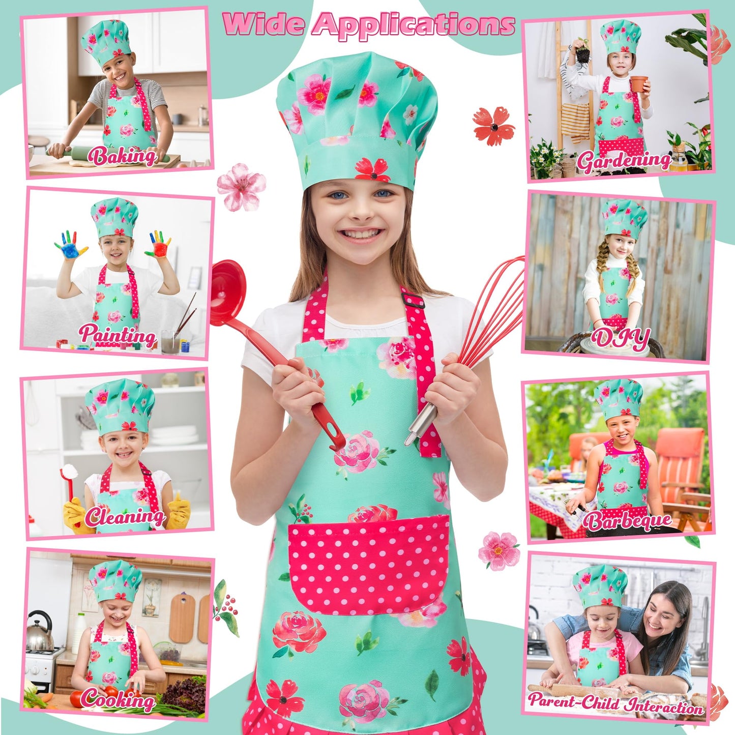 R HORSE Kid Apron and Chef Hat Set – Green Floral Toddler Kitchen Wear (Ages 3-6)