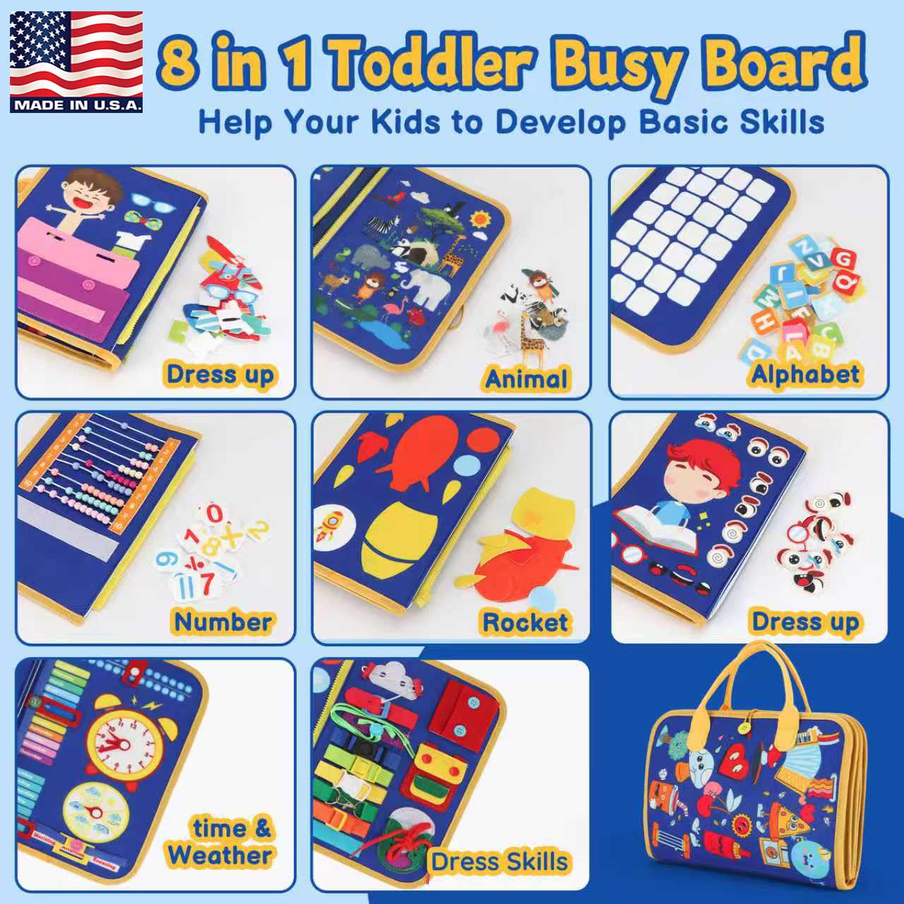 R RUCKERCO Montessori Busy Book – 12-in-1 Travel Learning for Toddlers (Ages 3-5)