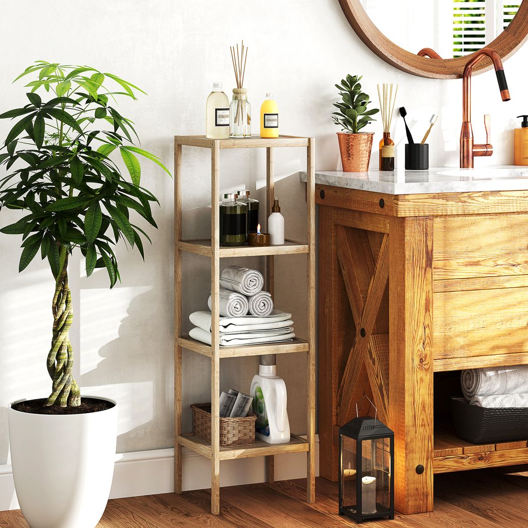 HOMCOM 4-Tier Bathroom Storage Shelving Unit, Freestanding Bamboo Shelves