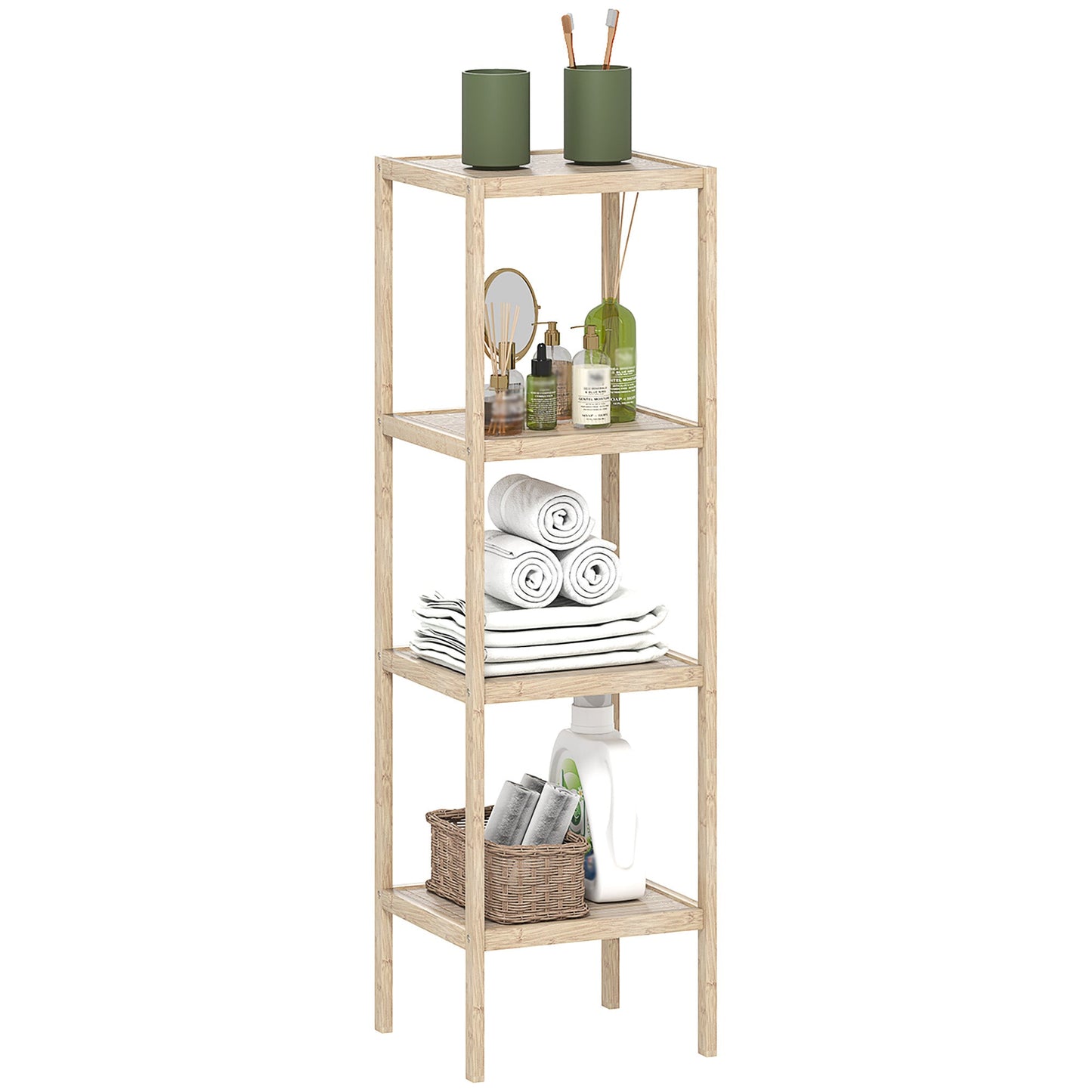 HOMCOM 4-Tier Bathroom Storage Shelving Unit, Freestanding Bamboo Shelves