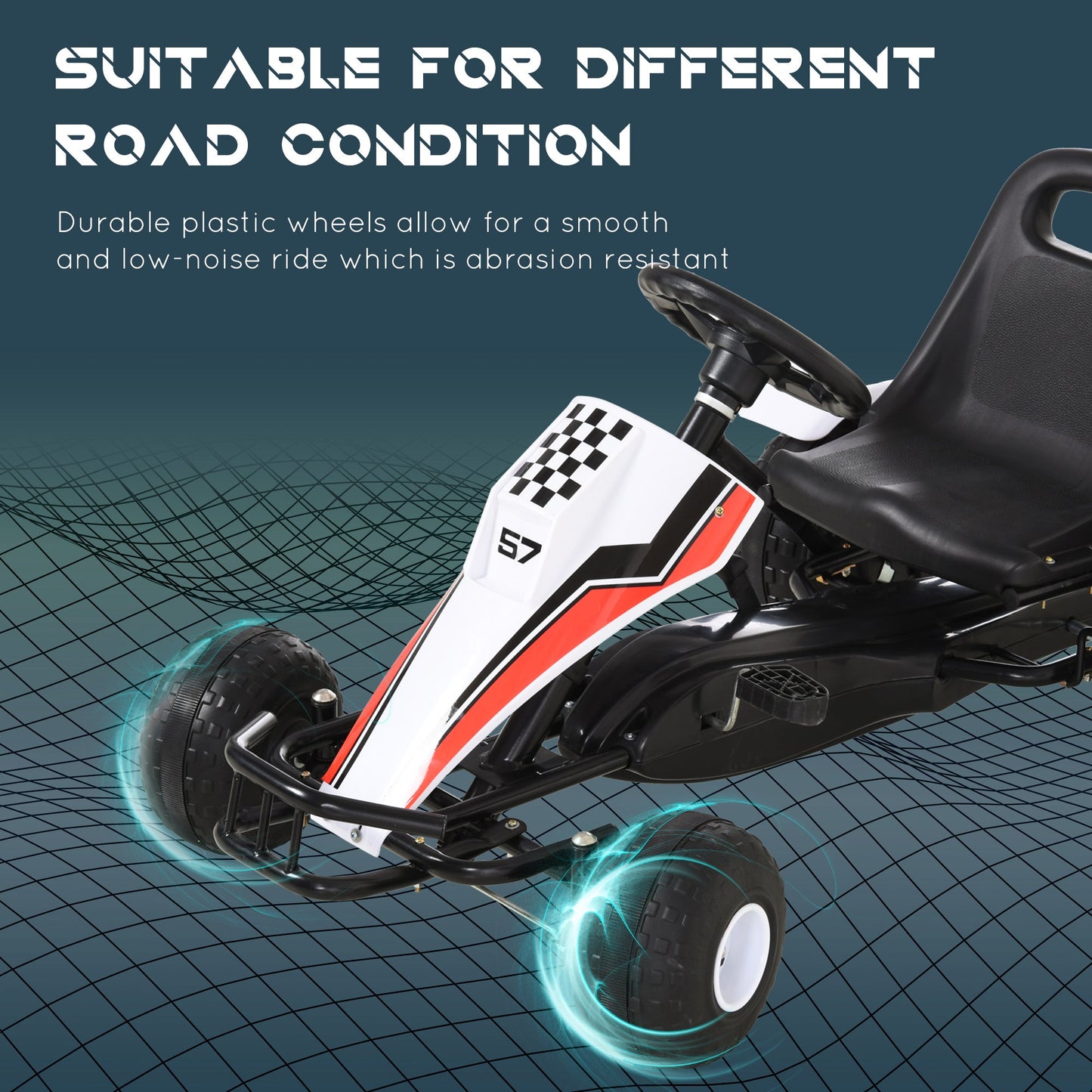 HOMCOM Kids Children Pedal Go Kart Manual Ride On Car w/Brake Gears Steering Wheel Adjustable Seat 4 Smooth Wheels Racing-Style White 104 x 66 x 57 cm