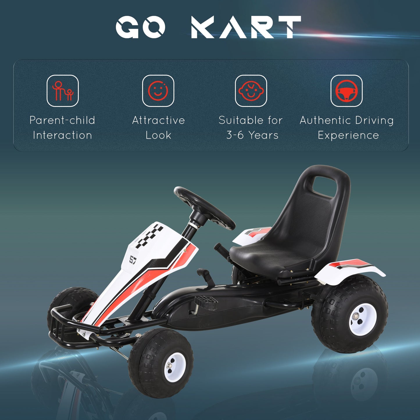 HOMCOM Kids Children Pedal Go Kart Manual Ride On Car w/Brake Gears Steering Wheel Adjustable Seat 4 Smooth Wheels Racing-Style White 104 x 66 x 57 cm