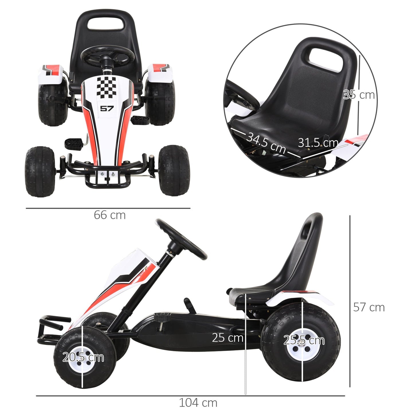 HOMCOM Kids Children Pedal Go Kart Manual Ride On Car w/Brake Gears Steering Wheel Adjustable Seat 4 Smooth Wheels Racing-Style White 104 x 66 x 57 cm