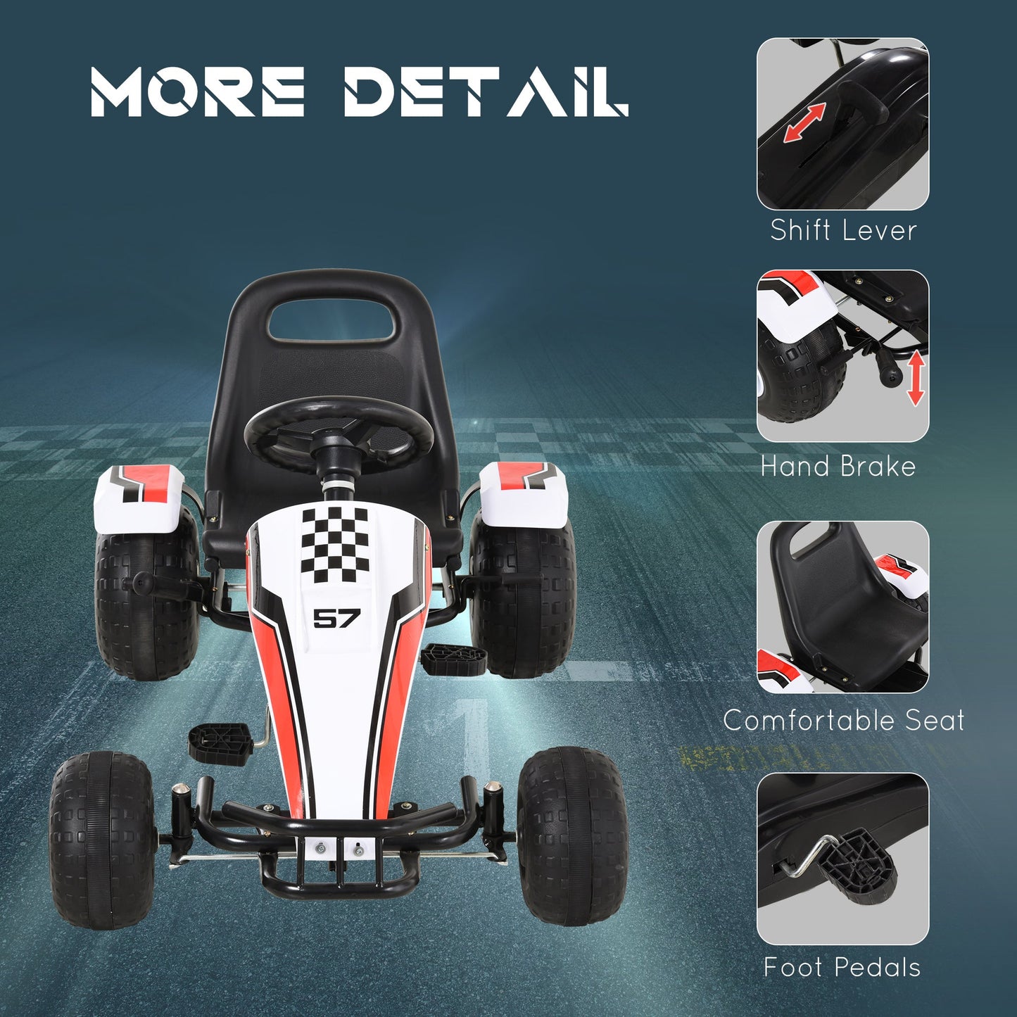 HOMCOM Kids Children Pedal Go Kart Manual Ride On Car w/Brake Gears Steering Wheel Adjustable Seat 4 Smooth Wheels Racing-Style White 104 x 66 x 57 cm