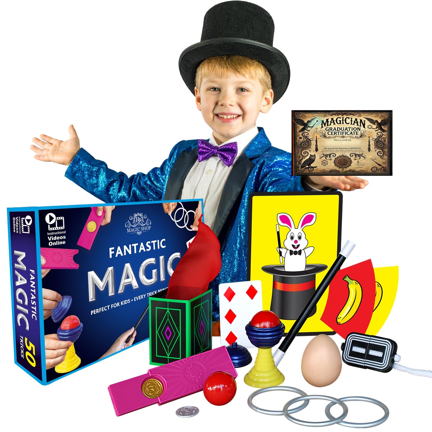 RA MAGIC SHOP Fantastic Magic Set – 50 Easy Tricks with Video Instructions for Kids 6-12 | Beginner Magic Tricks Kit
