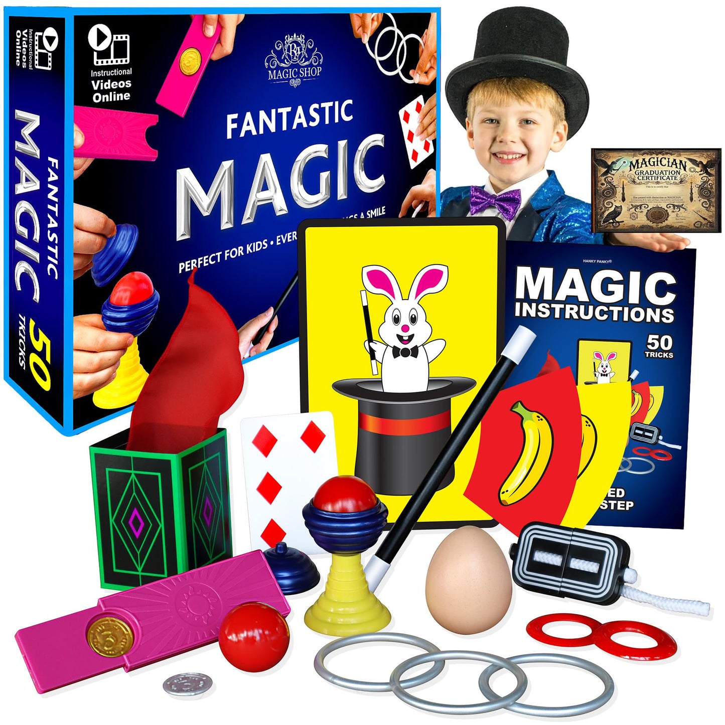 RA MAGIC SHOP Fantastic Magic Set – 50 Easy Tricks with Video Instructions for Kids 6-12 | Beginner Magic Tricks Kit