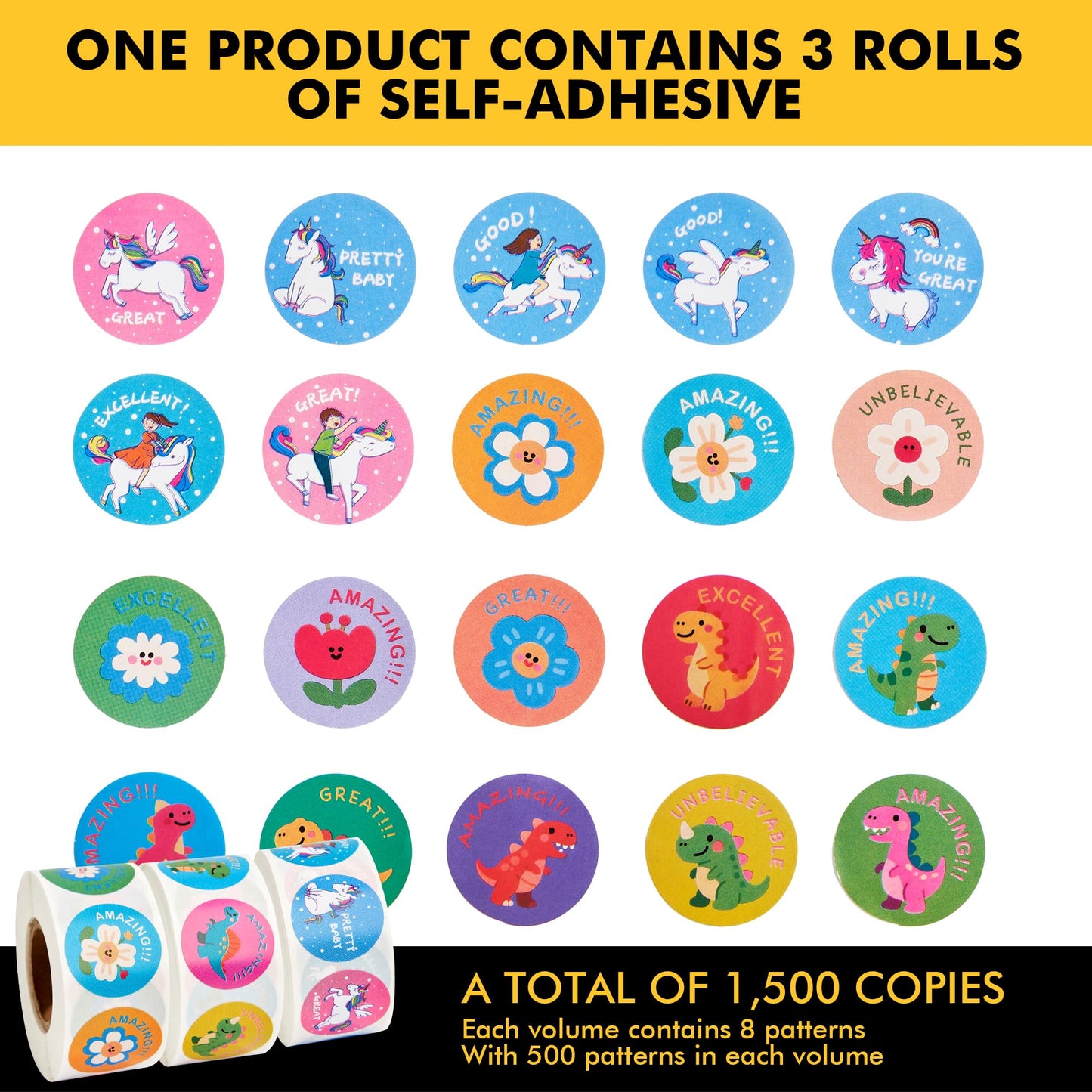RACETOP 3 Roll Reward Stickers – 1500 Pcs, 24 Designs, 1” Round Classroom Stickers