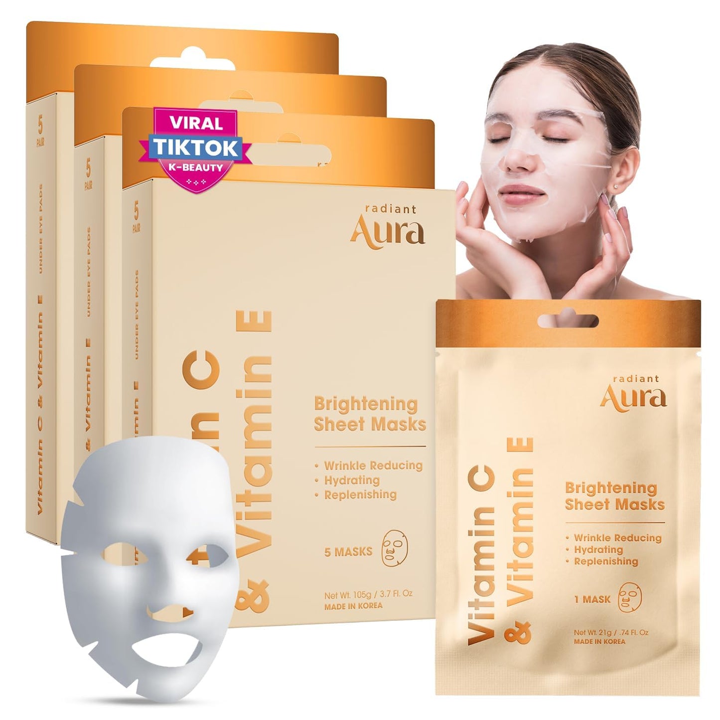 Radiant Aura Vitamin C & E Sheet Mask – Deep Hydration, Anti-Aging, Korean Skincare, 15 Count | Vegan