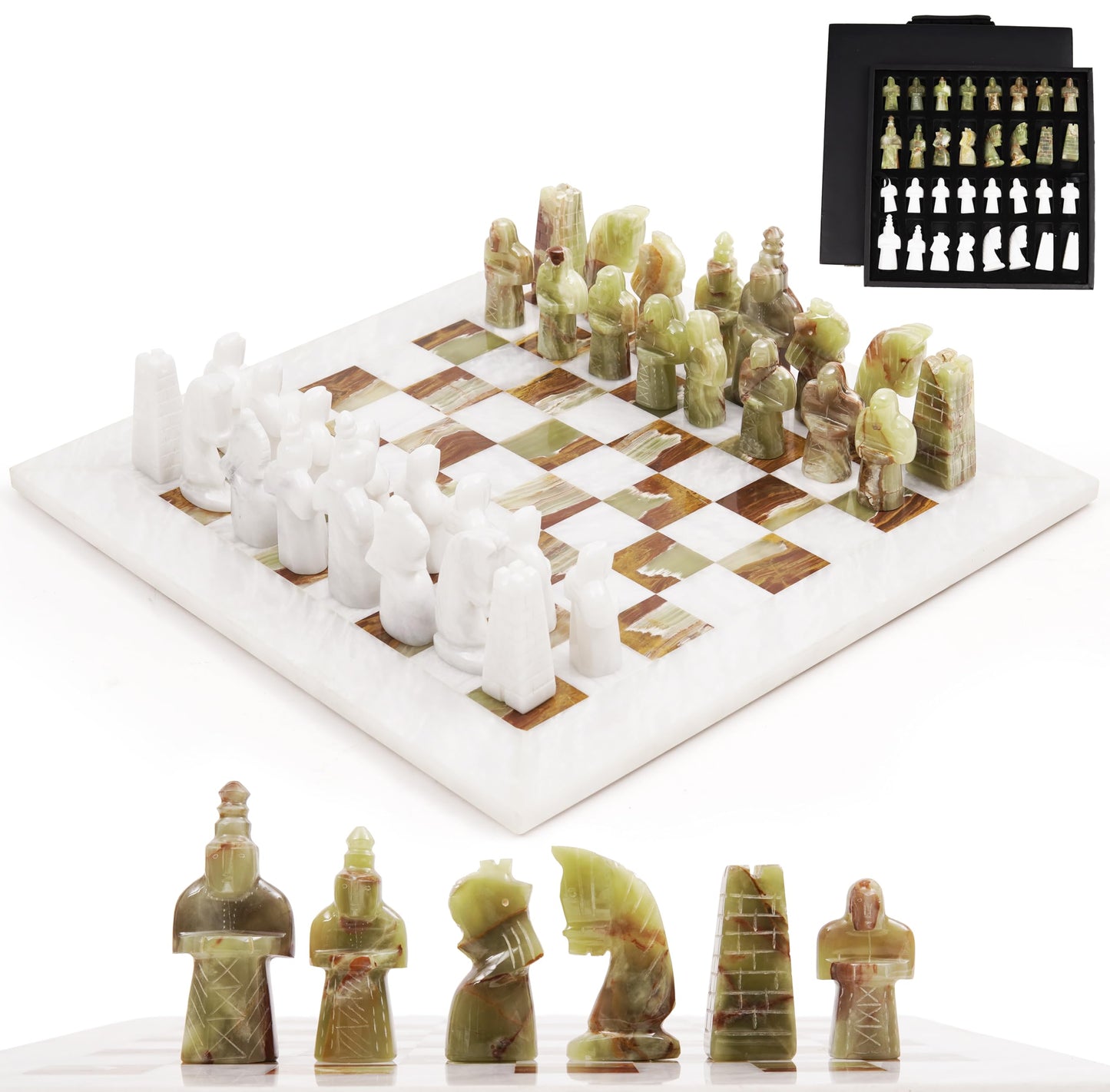 Radicaln Marble Antique Chess Set – 15-Inch White & Green Handmade Board & 32 Pieces