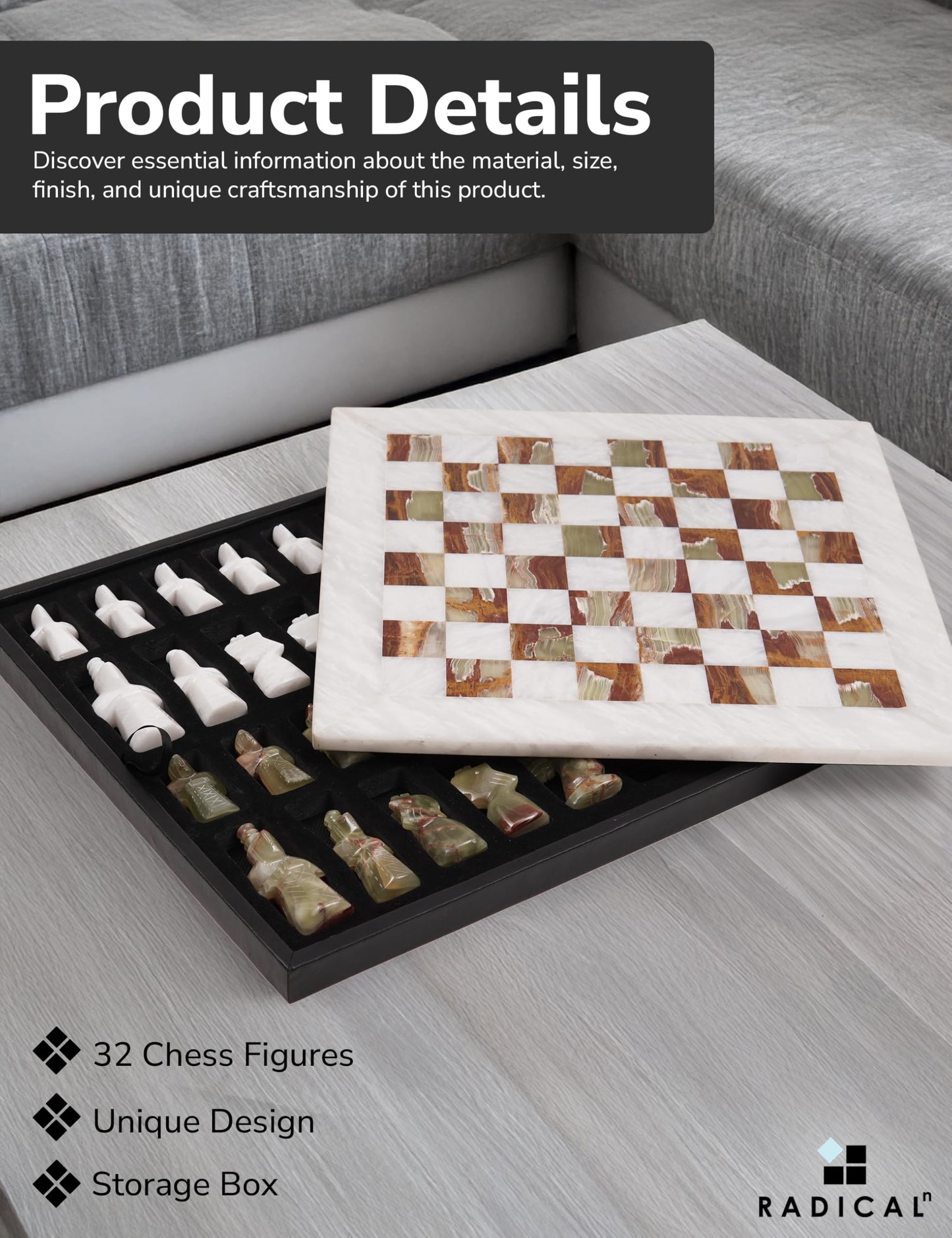 Radicaln Marble Antique Chess Set – 15-Inch White & Green Handmade Board & 32 Pieces