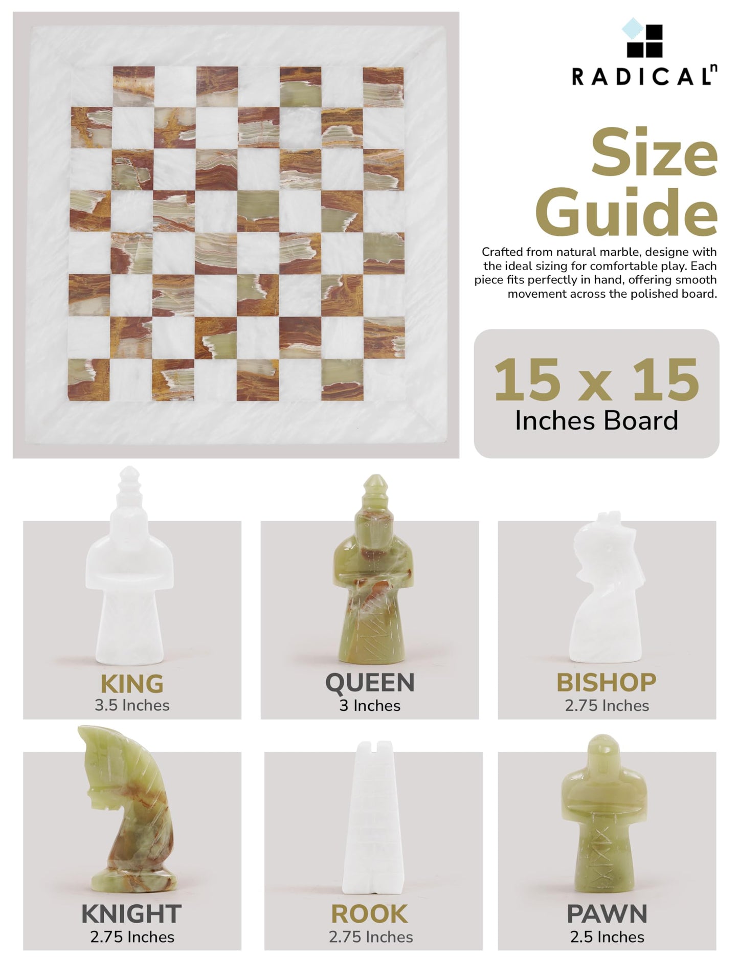 Radicaln Marble Antique Chess Set – 15-Inch White & Green Handmade Board & 32 Pieces