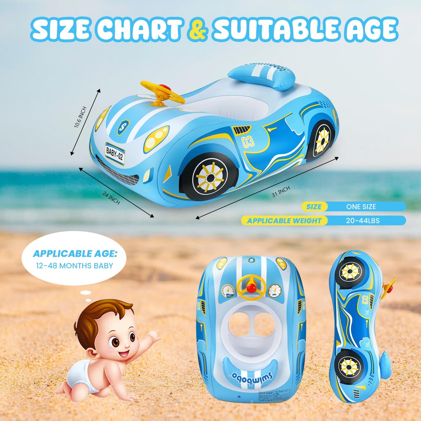 RADSHSP Baby Pool Float 3D Car for Toddlers 12–48 Months | Heavy-Duty PVC Swim Floaties
