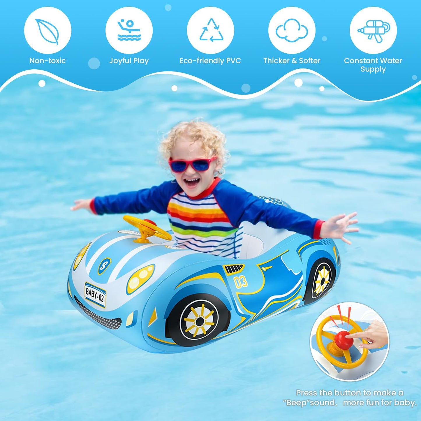 RADSHSP Baby Pool Float 3D Car for Toddlers 12–48 Months | Heavy-Duty PVC Swim Floaties
