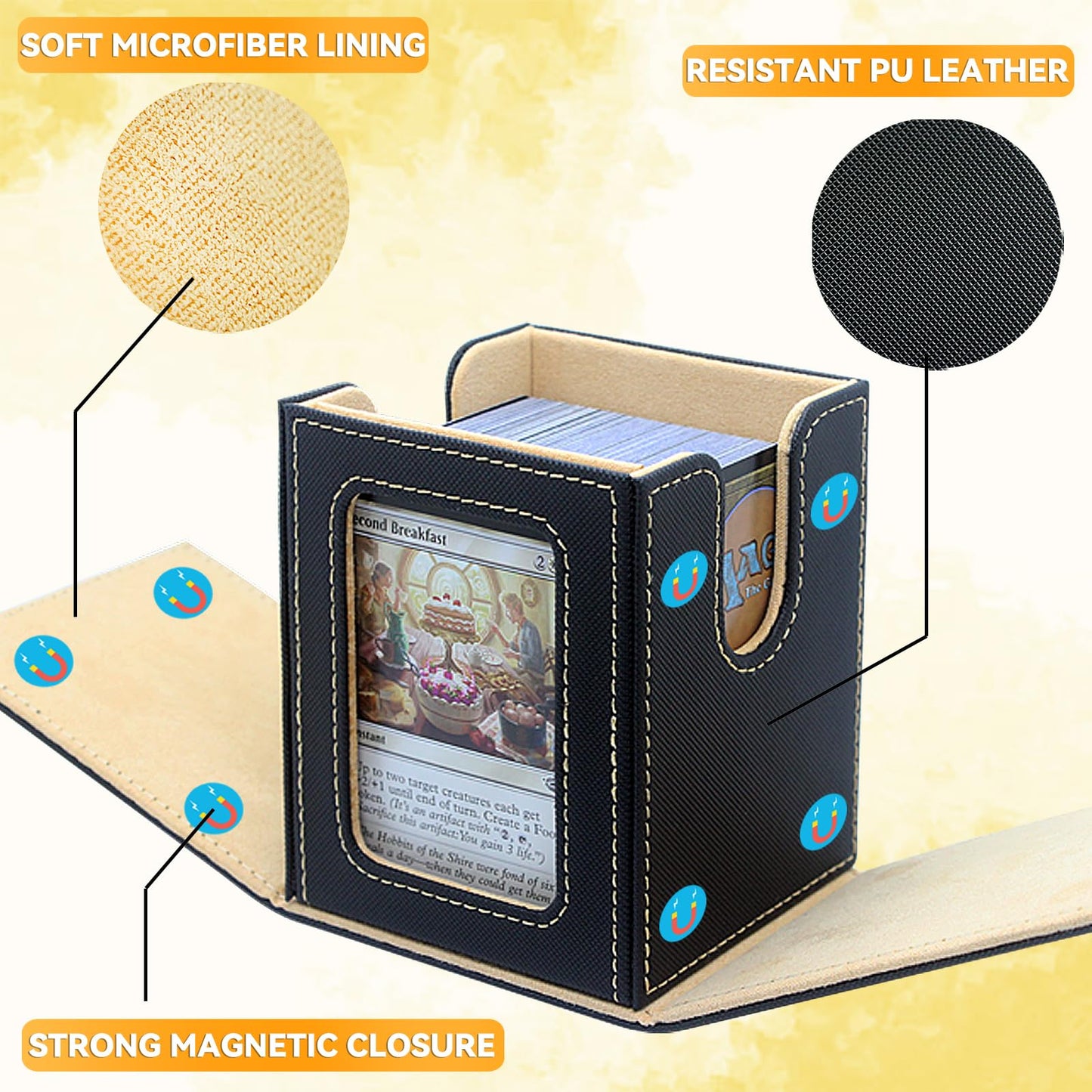 RADWIMPS Card Deck Box for MTG Commander Deck — Holds 100+ Cards, Magnetic Closure, Window Display, 2 Dividers, Black & Yellow