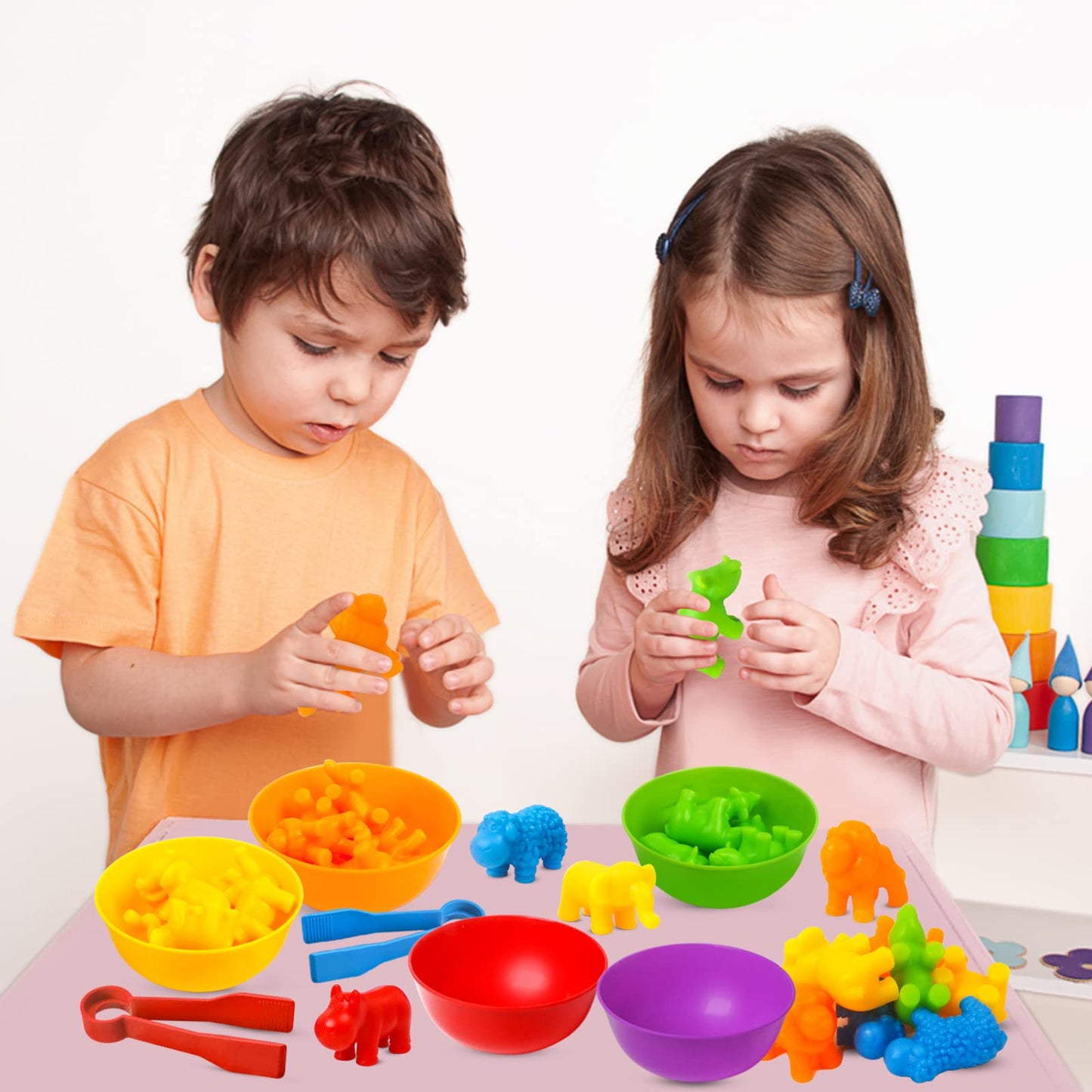 RAEQKS Counting Sorting Toys – Rainbow Bowls, Tweezers & Storage for Preschool STEM