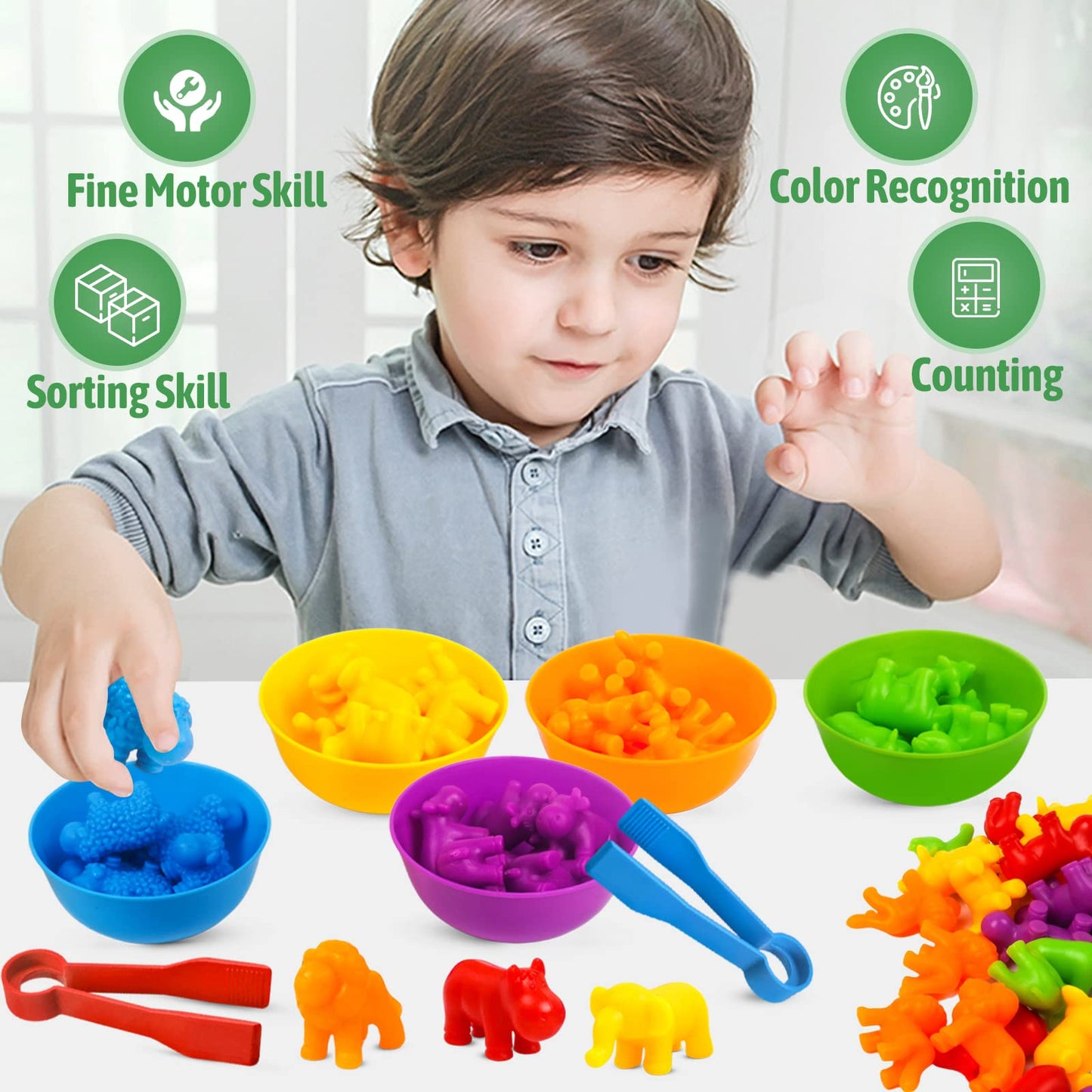 RAEQKS Counting Sorting Toys – Rainbow Bowls, Tweezers & Storage for Preschool STEM