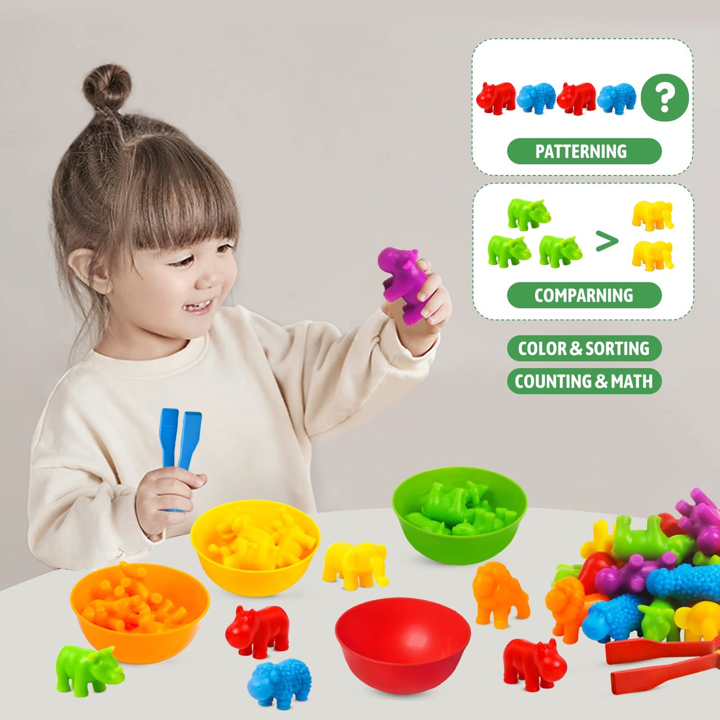 RAEQKS Counting Sorting Toys – Rainbow Bowls, Tweezers & Storage for Preschool STEM