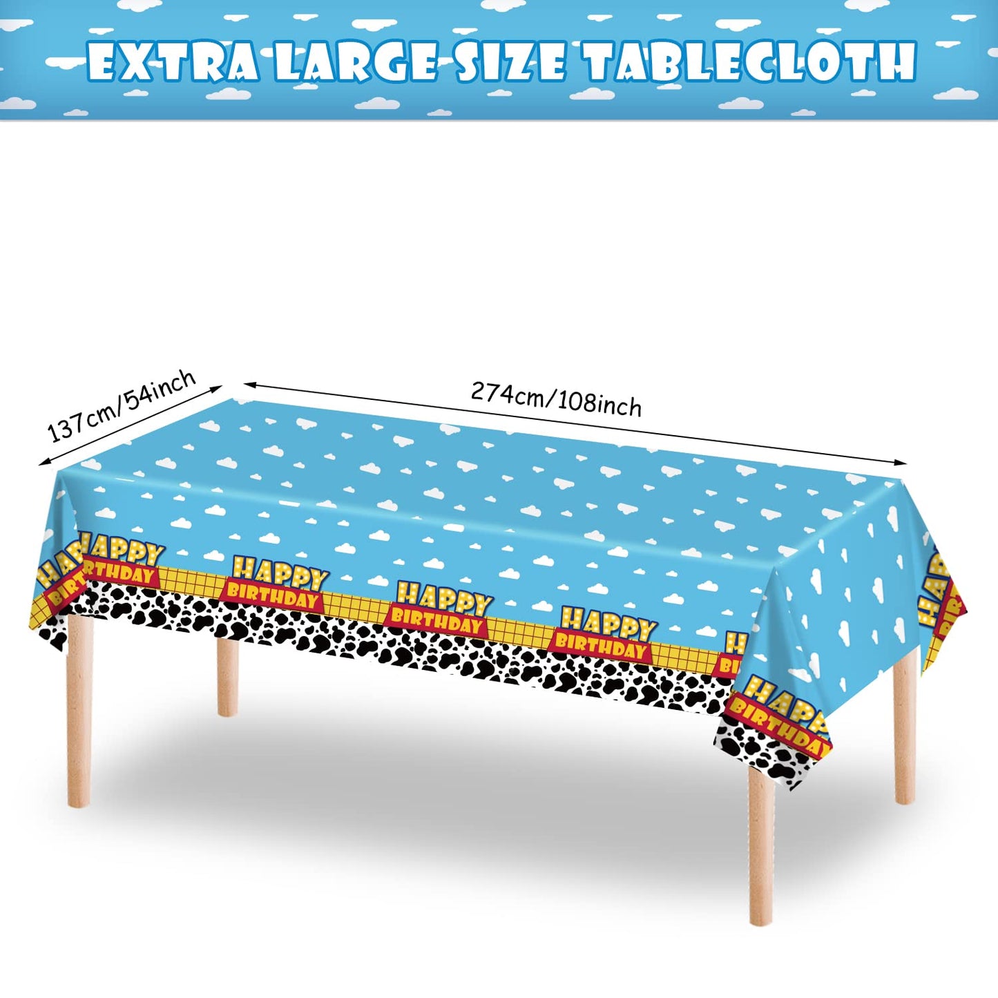 Ragnhild 3 Pack Cow Pattern Birthday Table Covers – Blue Sky & White Cloud Design, 54 x 108 in