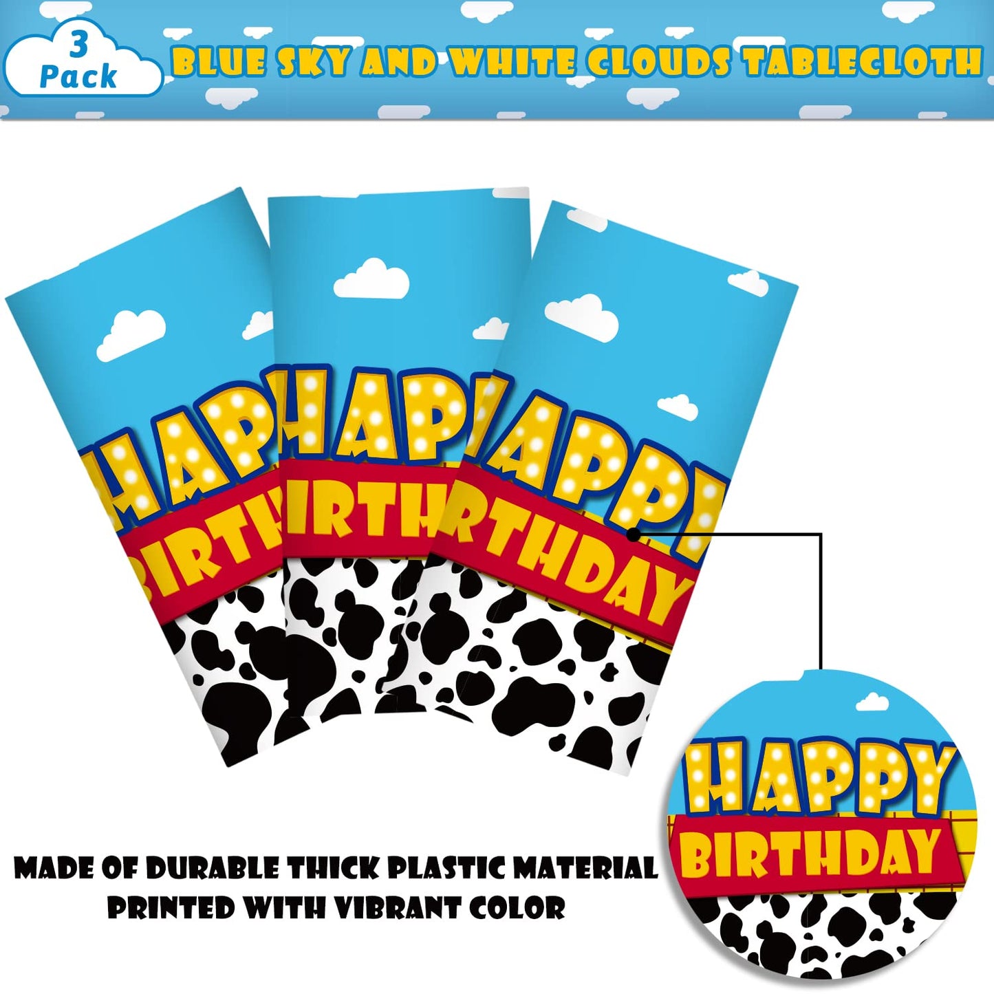 Ragnhild 3 Pack Cow Pattern Birthday Table Covers – Blue Sky & White Cloud Design, 54 x 108 in