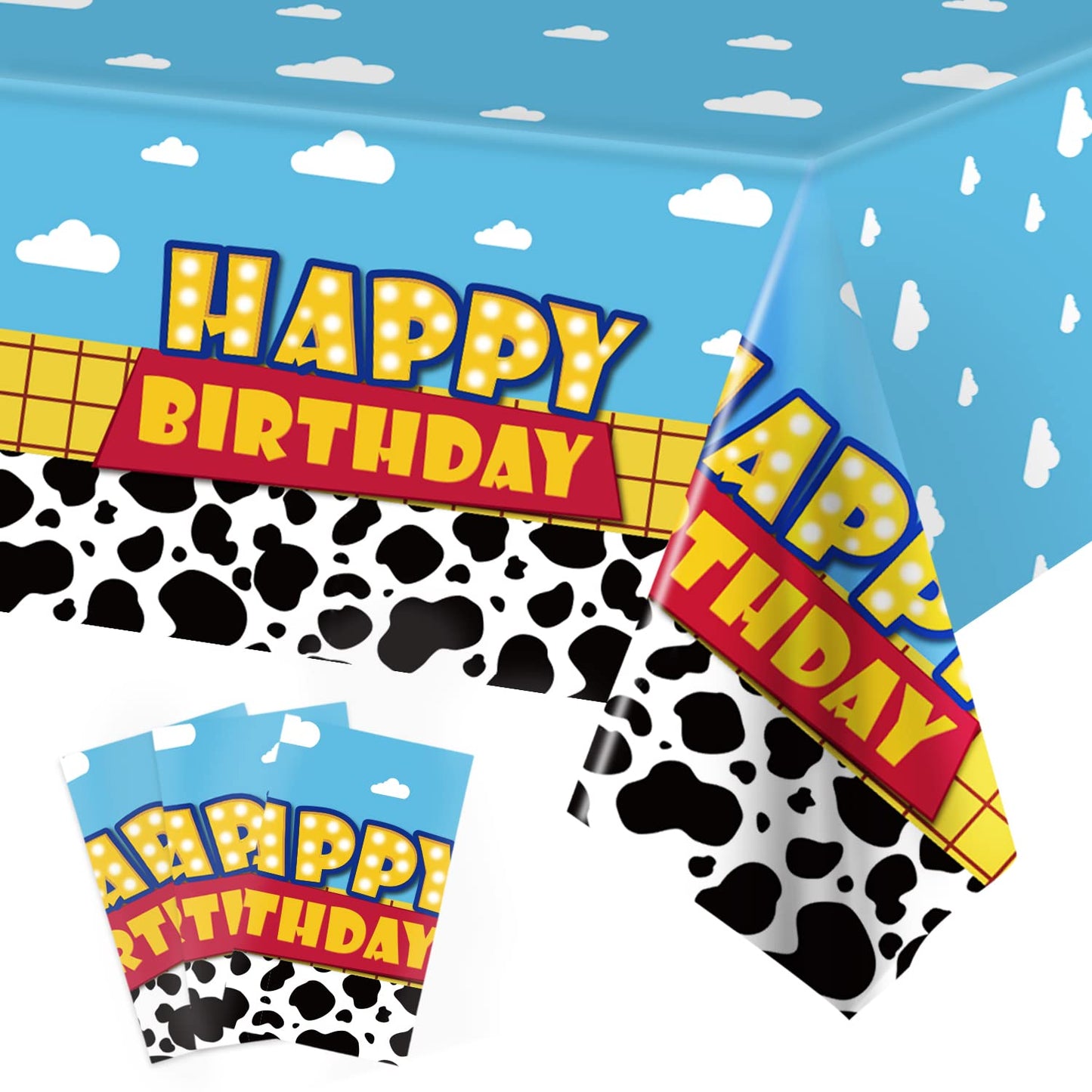 Ragnhild 3 Pack Cow Pattern Birthday Table Covers – Blue Sky & White Cloud Design, 54 x 108 in