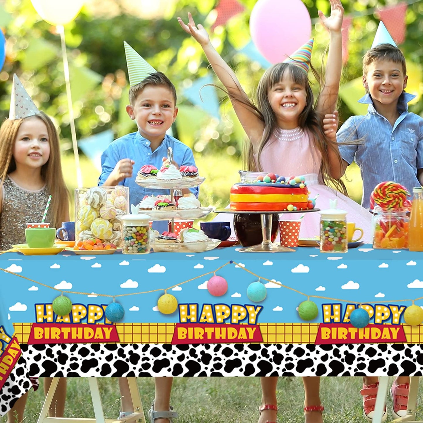 Ragnhild 3 Pack Cow Pattern Birthday Table Covers – Blue Sky & White Cloud Design, 54 x 108 in