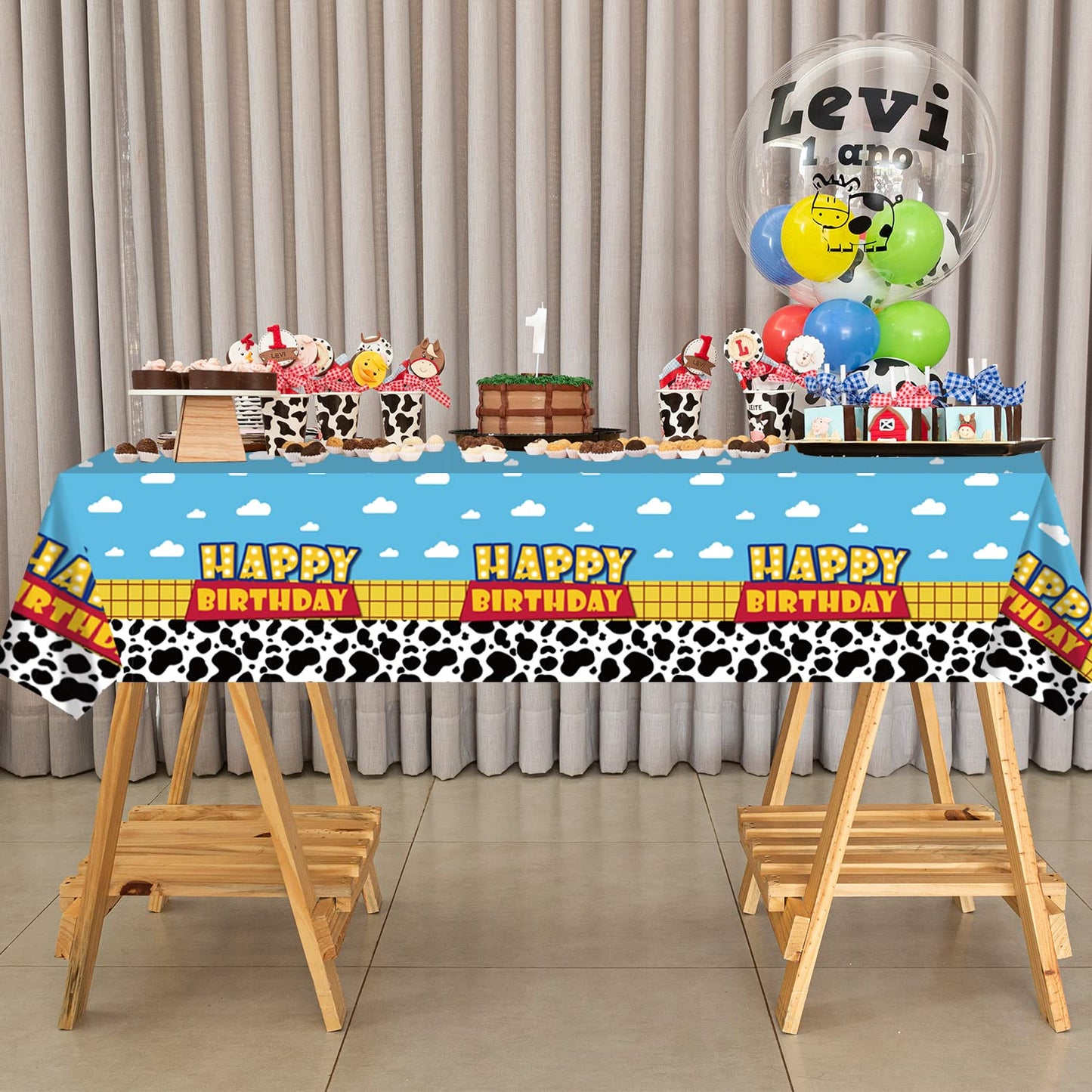 Ragnhild 3 Pack Cow Pattern Birthday Table Covers – Blue Sky & White Cloud Design, 54 x 108 in