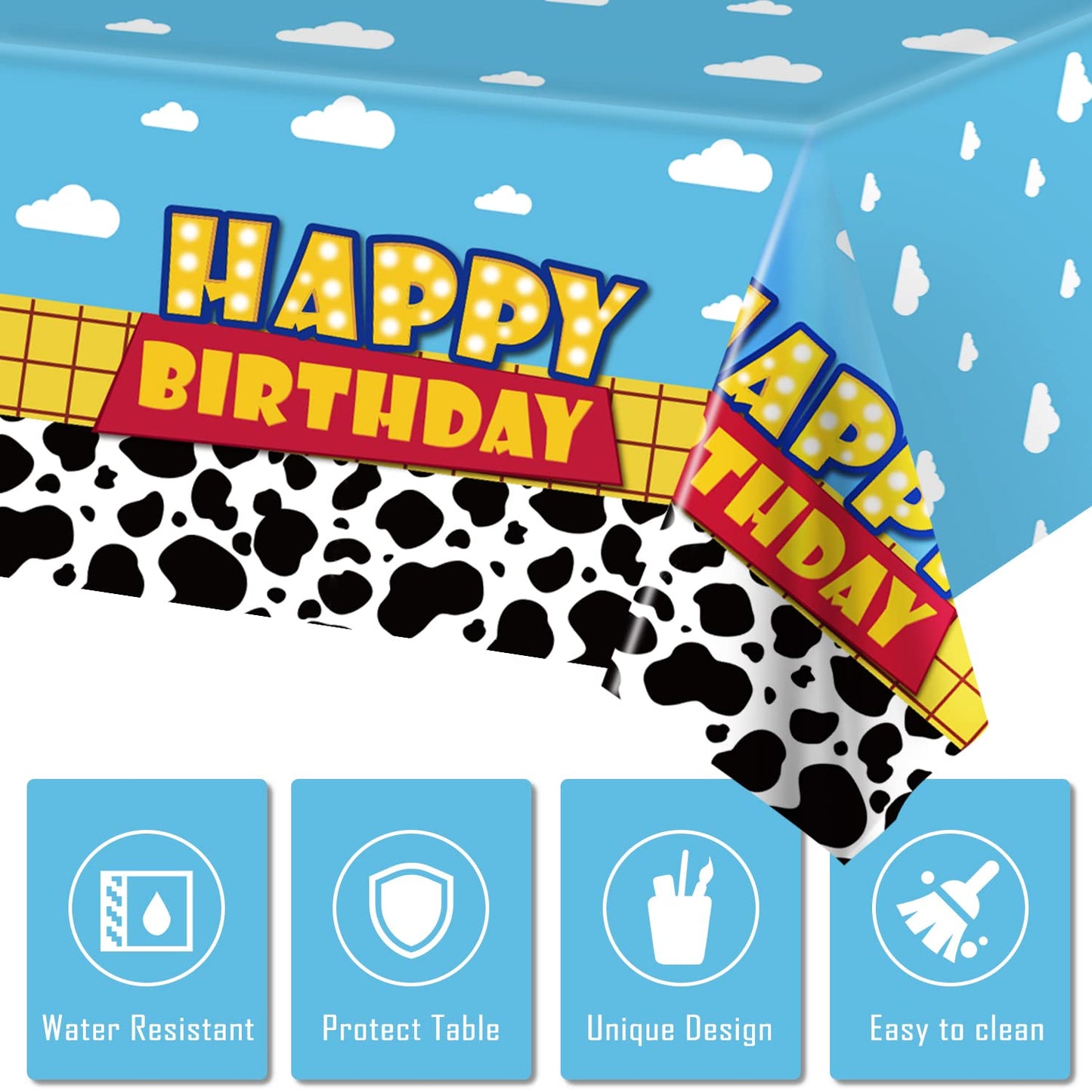 Ragnhild 3 Pack Cow Pattern Birthday Table Covers – Blue Sky & White Cloud Design, 54 x 108 in