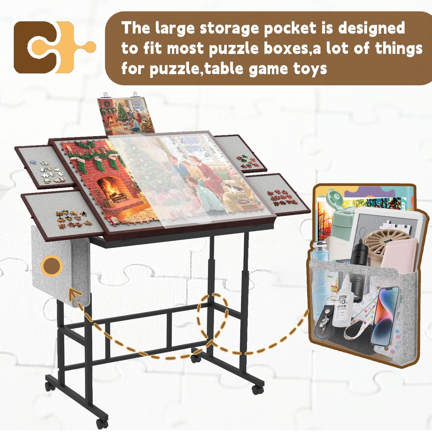 RAGOZONERY Jigsaw Puzzle Table 1500 Pieces – Height Adjustable, Tilt, Cover & Storage (Coffee Color)