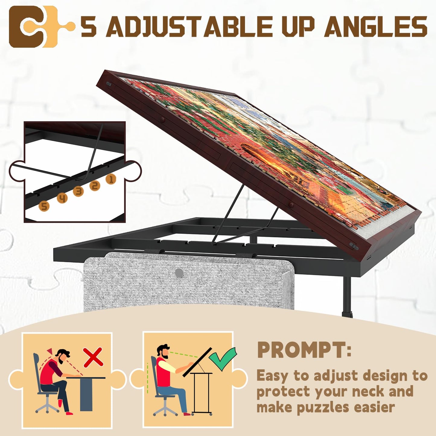RAGOZONERY Jigsaw Puzzle Table 1500 Pieces – Height Adjustable, Tilt, Cover & Storage (Coffee Color)