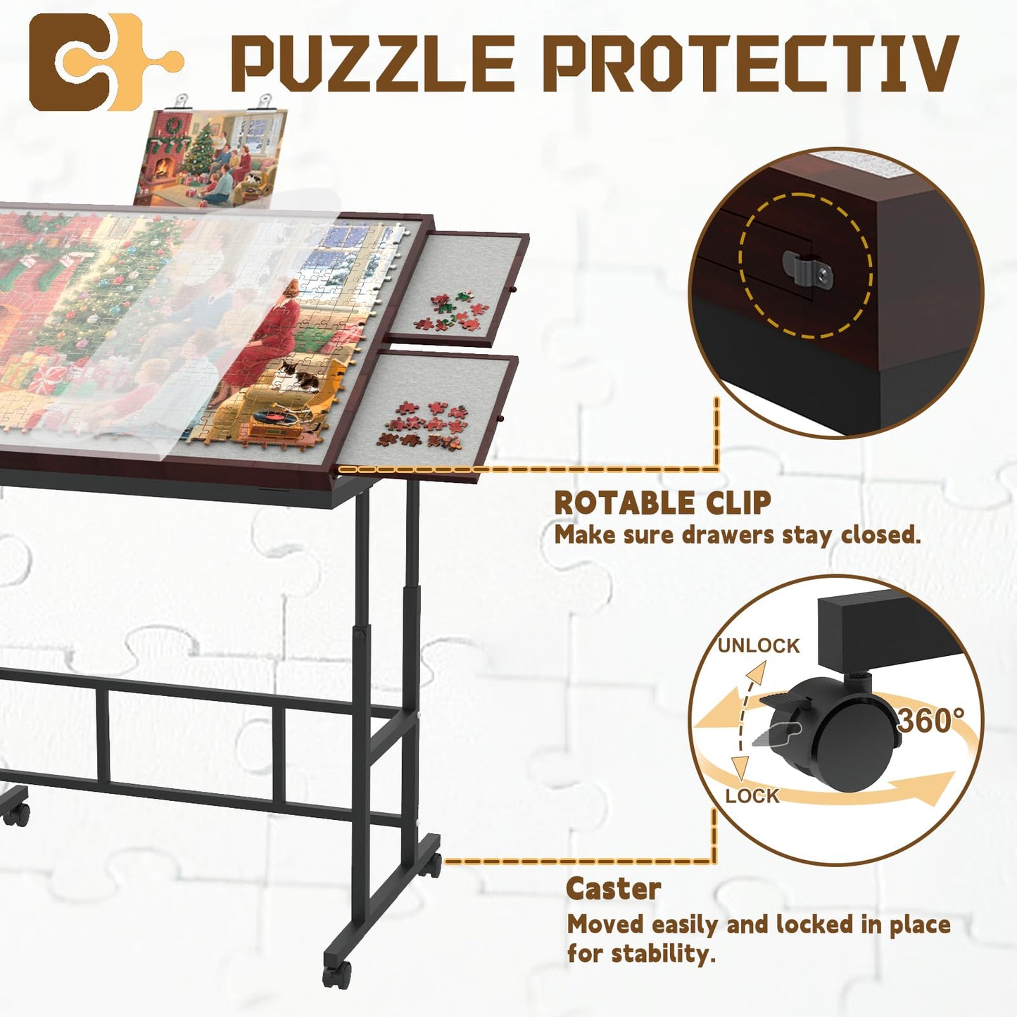 RAGOZONERY Jigsaw Puzzle Table 1500 Pieces – Height Adjustable, Tilt, Cover & Storage (Coffee Color)