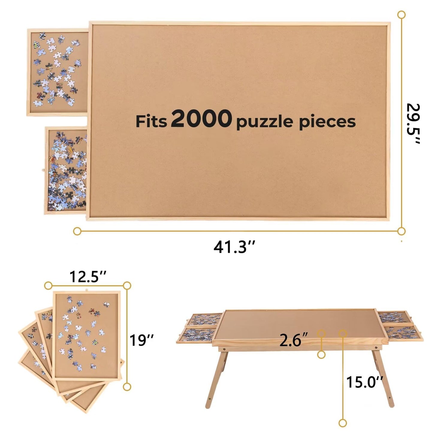 RAGOZONERY Puzzle Board 2000 Pieces – 41.3 x 27.9 in Table with 4 Drawers & Folding Legs