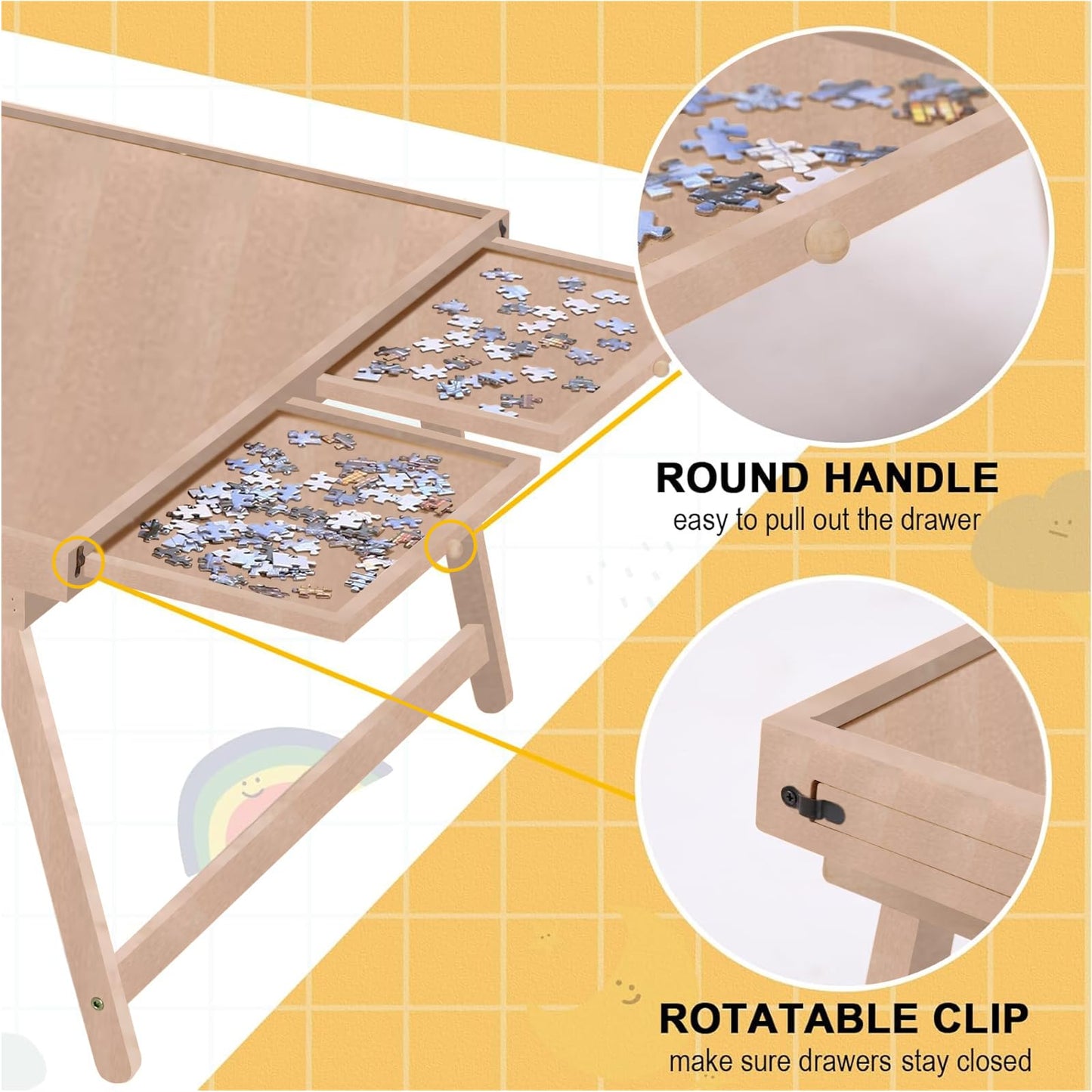 RAGOZONERY Puzzle Table 1500-Piece, 34.3 x 26.5 in – 4 Drawers, Cover, Folding Legs – Almond Finish