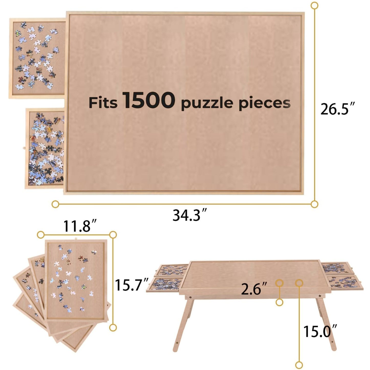 RAGOZONERY Puzzle Table 1500-Piece, 34.3 x 26.5 in – 4 Drawers, Cover, Folding Legs – Almond Finish