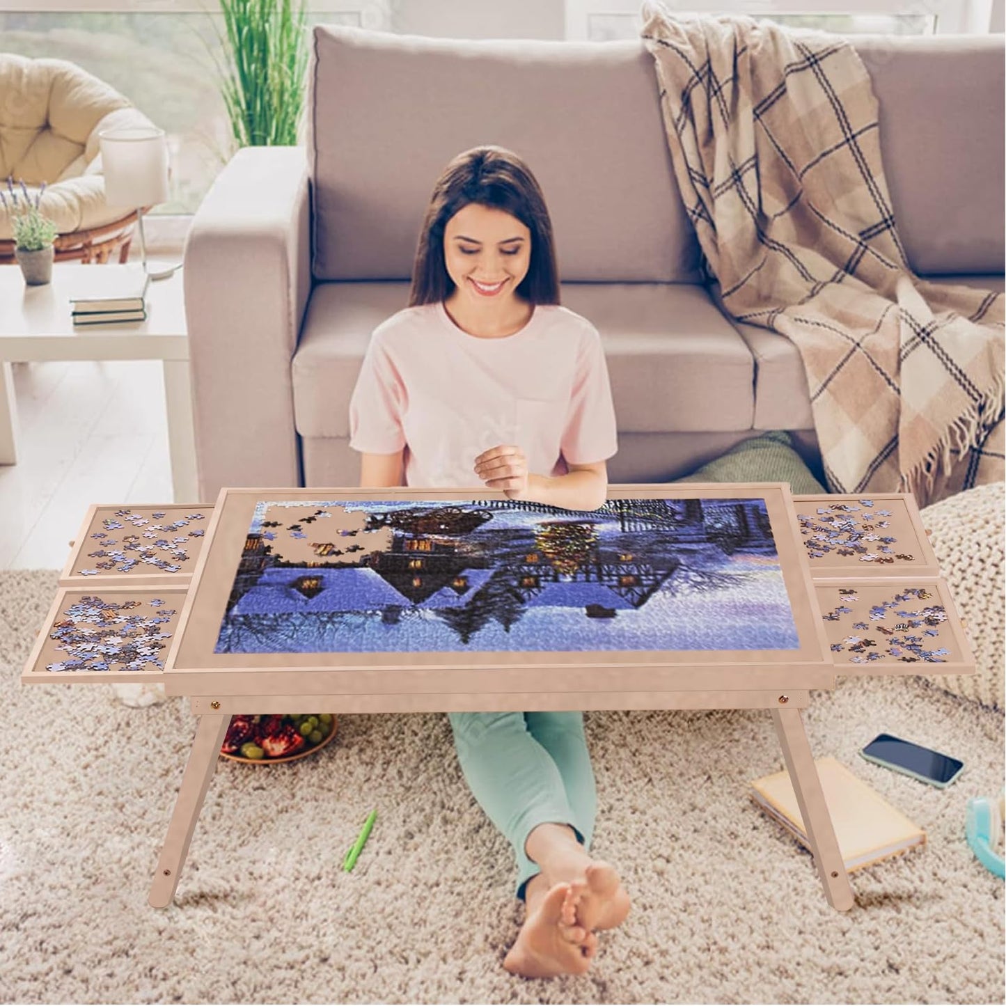 RAGOZONERY Puzzle Table 1500-Piece, 34.3 x 26.5 in – 4 Drawers, Cover, Folding Legs – Almond Finish