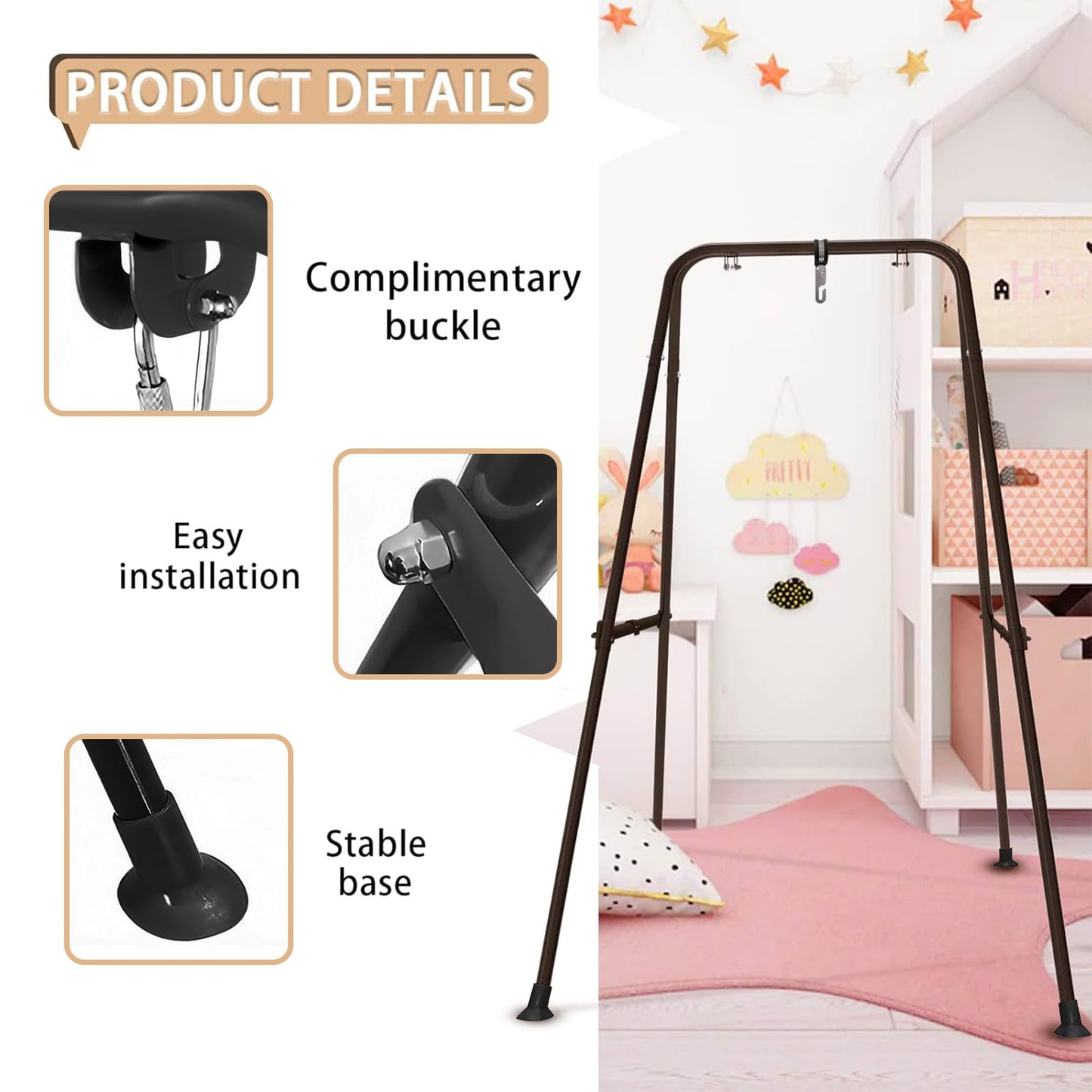 Ragozonery Swing Stand for Kids – A-Frame Metal Frame for Backyard & Indoor Use (Dark Black)