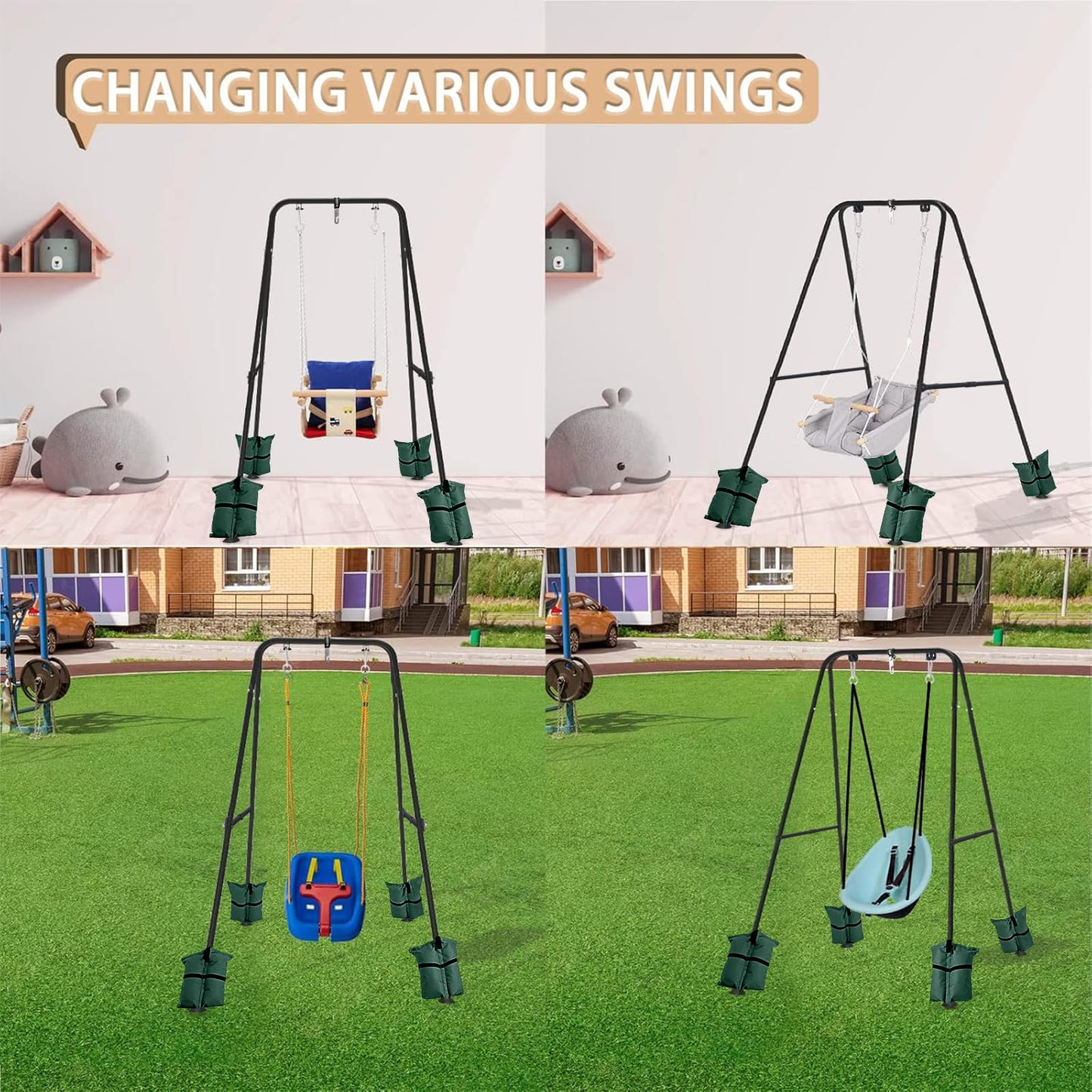 Ragozonery Swing Stand for Kids – A-Frame Metal Frame for Backyard & Indoor Use (Dark Black)