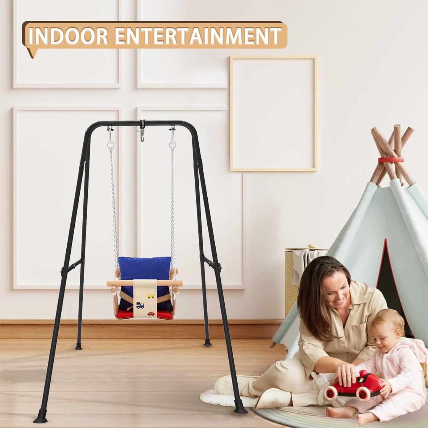 Ragozonery Swing Stand for Kids – A-Frame Metal Frame for Backyard & Indoor Use (Dark Black)