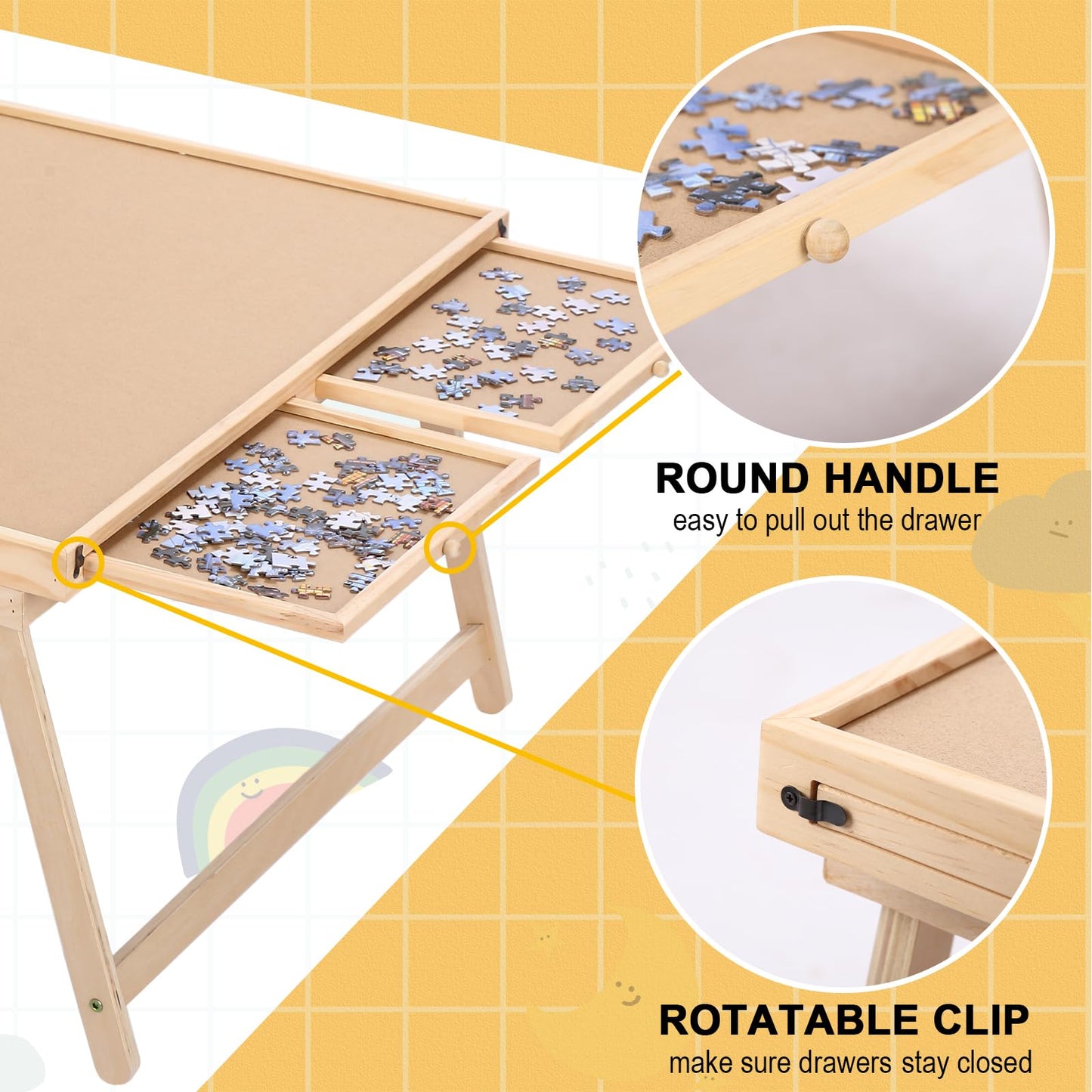 RAGOZONERY Yacona Puzzle Board 1500 Pieces – 34.3x26 in Puzzle Table with Folding Legs, 4 Drawers & Cover