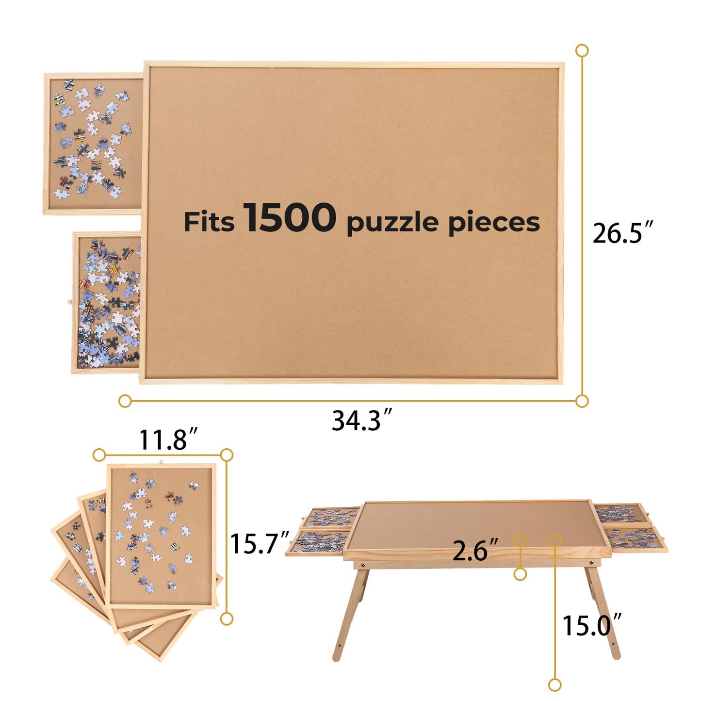 RAGOZONERY Yacona Puzzle Board 1500 Pieces – 34.3x26 in Puzzle Table with Folding Legs, 4 Drawers & Cover