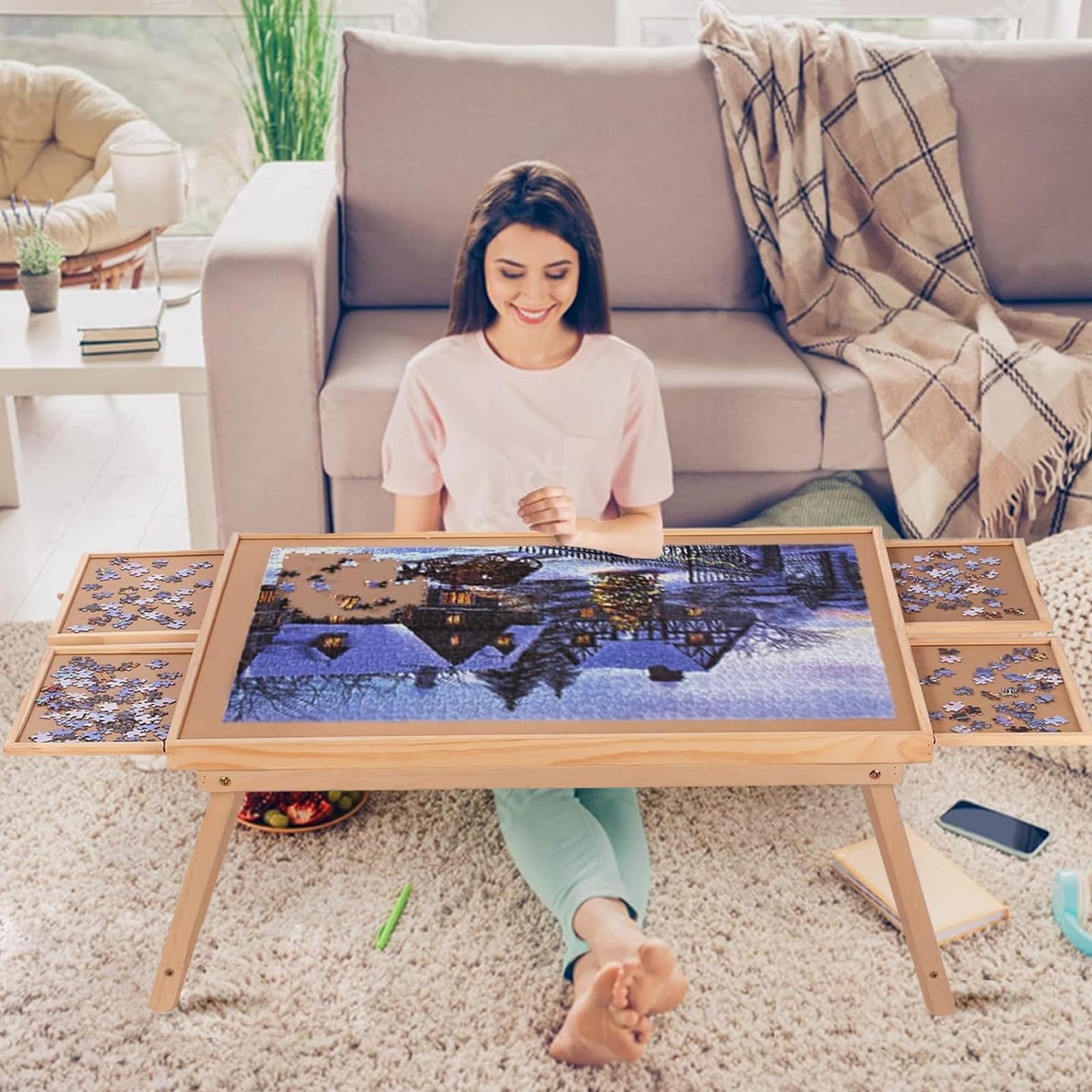 RAGOZONERY Yacona Puzzle Board 1500 Pieces – 34.3x26 in Puzzle Table with Folding Legs, 4 Drawers & Cover