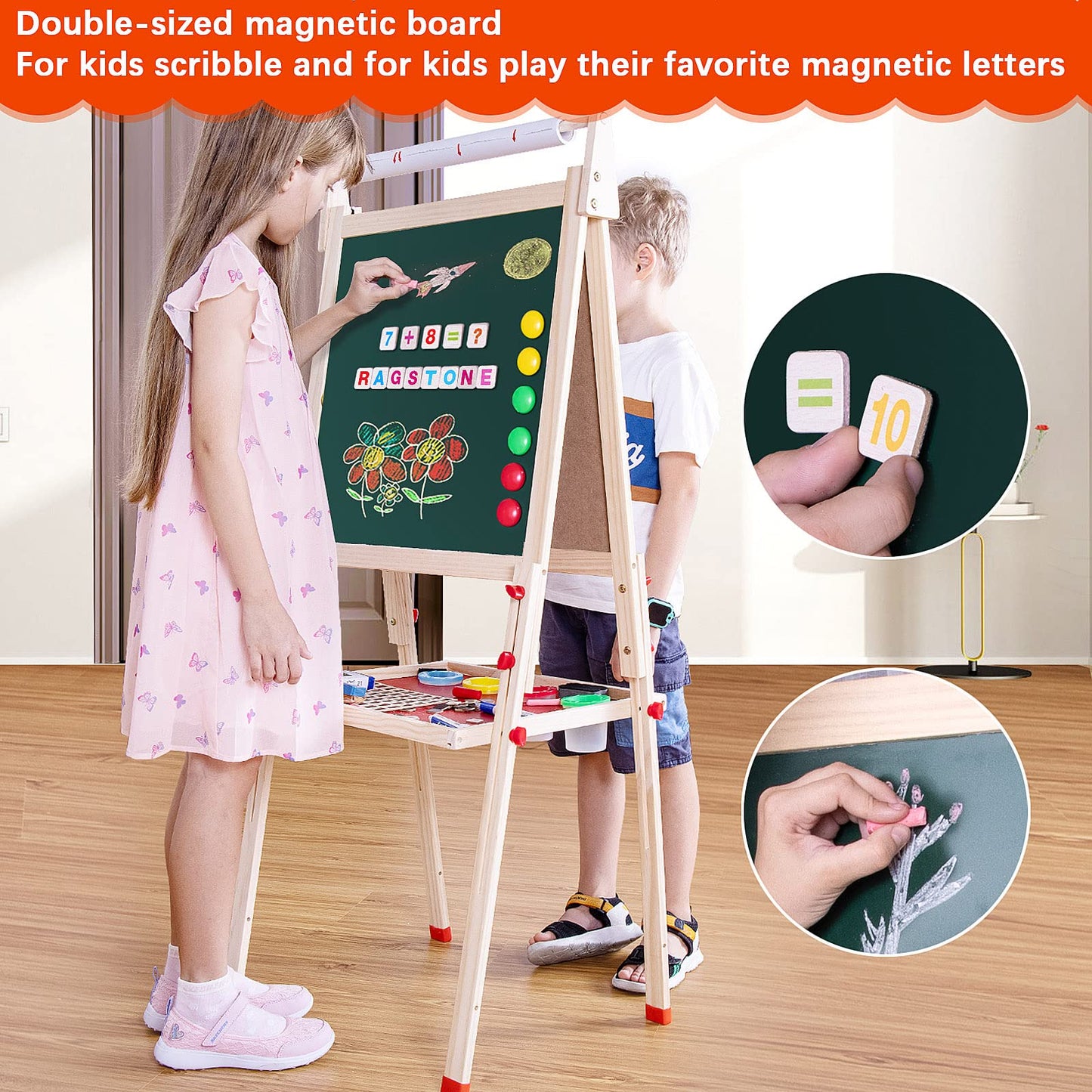 Ragstone Kids Easel – 3-in-1 Double-Sized Wooden Art Easel with Paper Roll