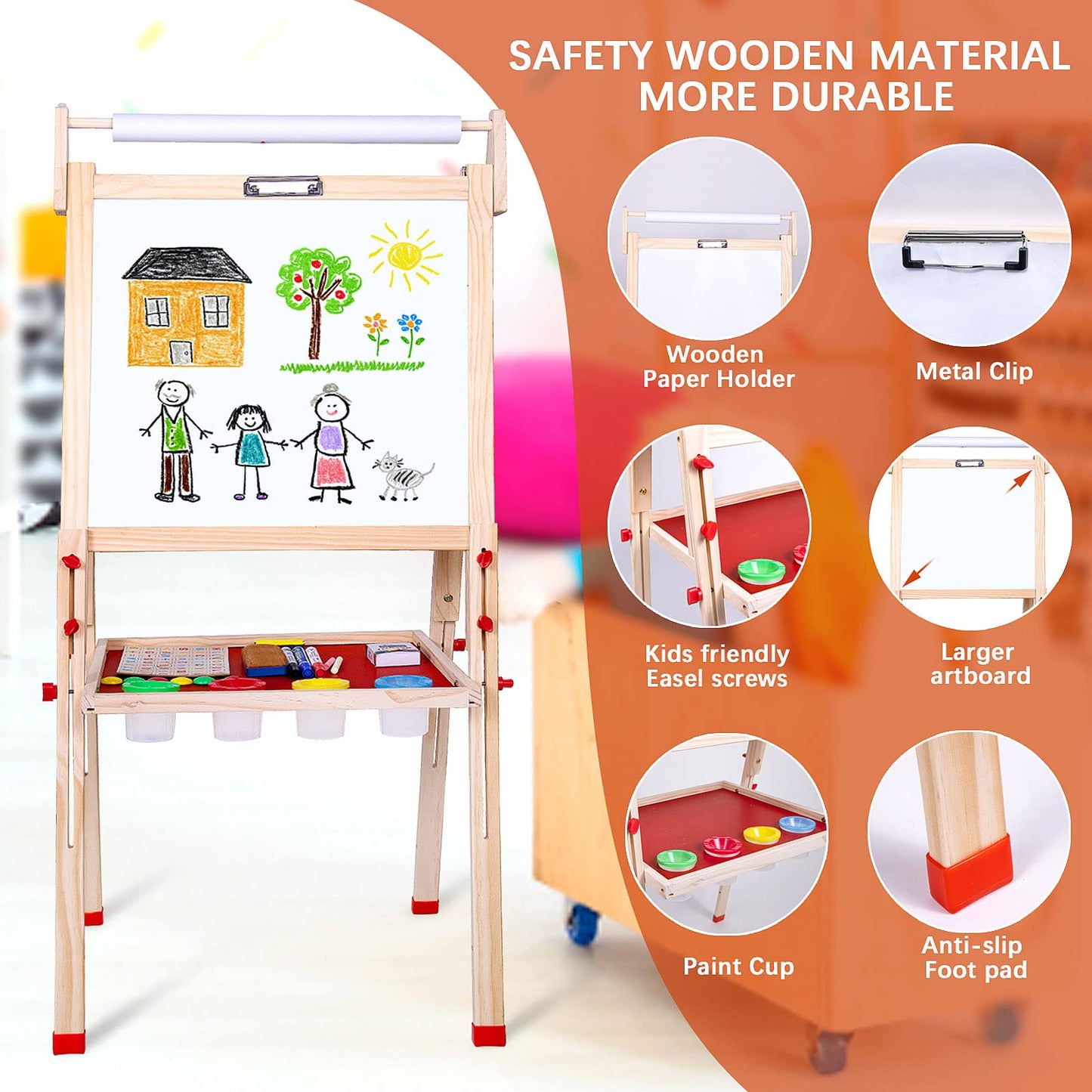 Ragstone Kids Easel – 3-in-1 Double-Sized Wooden Art Easel with Paper Roll