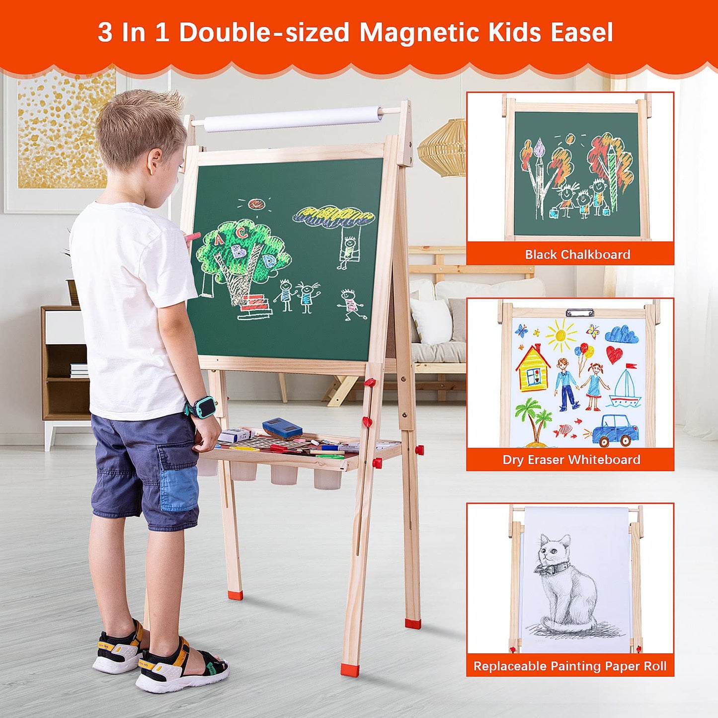 Ragstone Kids Easel – 3-in-1 Double-Sized Wooden Art Easel with Paper Roll