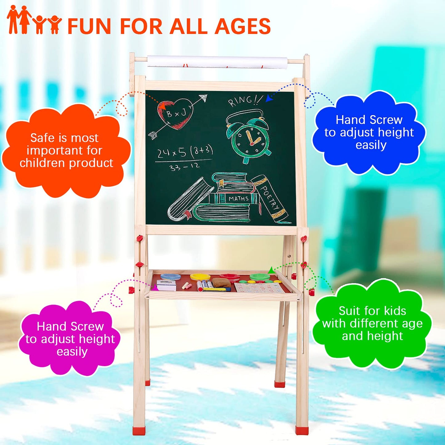 Ragstone Kids Easel – 3-in-1 Double-Sized Wooden Art Easel with Paper Roll