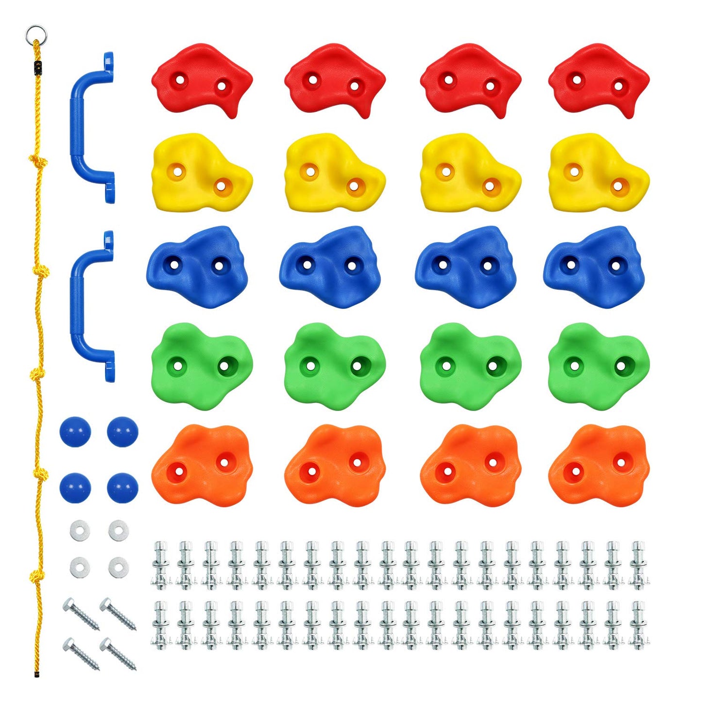 Rainbow Craft DIY Monkey Rock Climbing Holds Kit for Kids – 20 Holds, 2 Handles, 8ft Rope